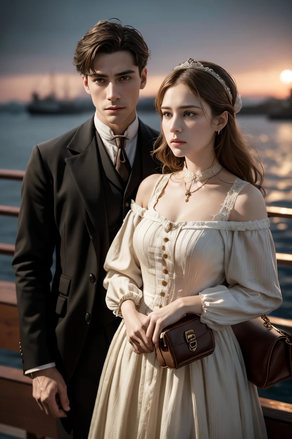 Realistic Image: A Man and a Woman on the Titanic (1.3)
The image captures the breathtaking realism of a man and a woman standing on the deck of the infamous Titanic. With an 8K resolution, the finest detail is brought to life, from the intricate stitching of their Victorian-era outfits to the crispness of the deck's wooden planks. The man, with a stern expression, clings to the railing with white-knuckled intensity, while the woman, her eyes wide with fear, clutches a small handbag to her chest. The dim lights cast a dramatic glow over their faces, highlighting their