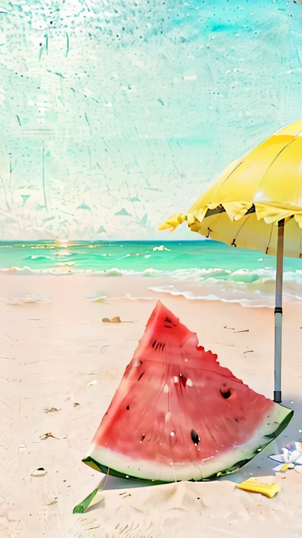 There is a piece of watermelon under a yellow umbrella on the beach，The sun rises from the sea，The sky is blue