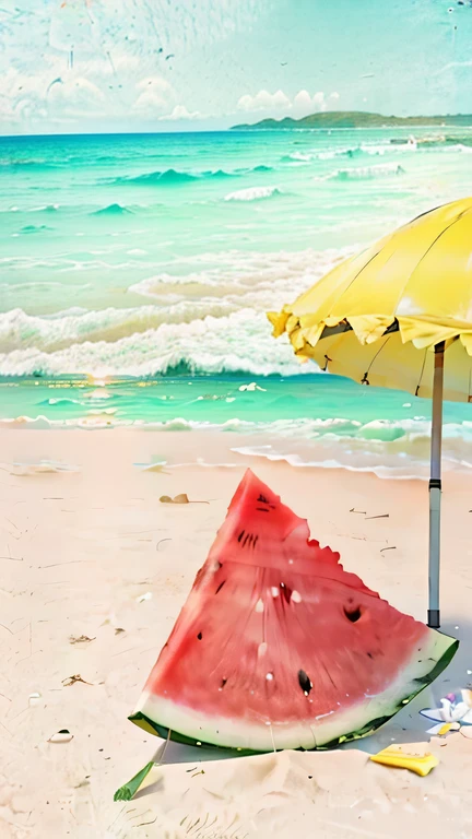 There is a piece of watermelon under a yellow umbrella on the beach，The sun rises from the sea，The sky is blue