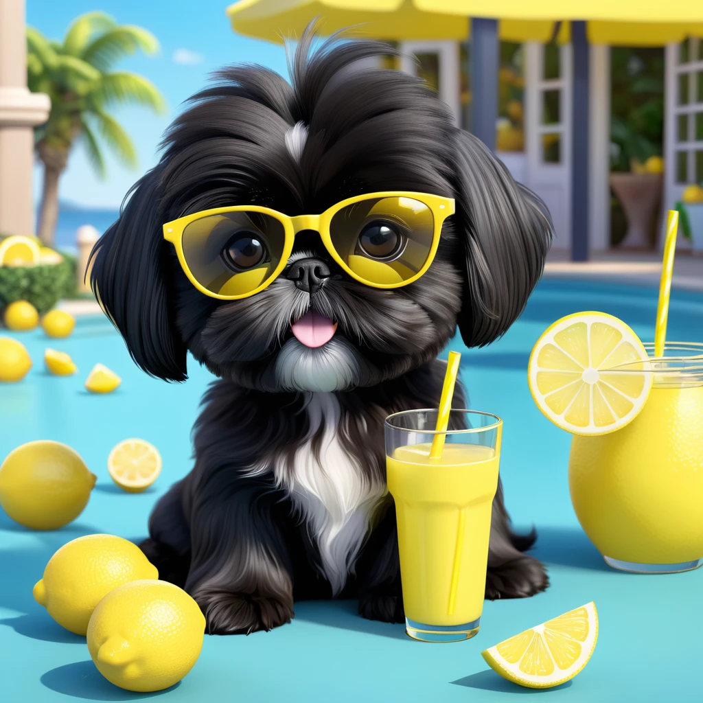 2 Adorable small black Shih Tzu puppies wearing yellow sunglasses selling lemonade 3d cartoon 3d render disney pixar style