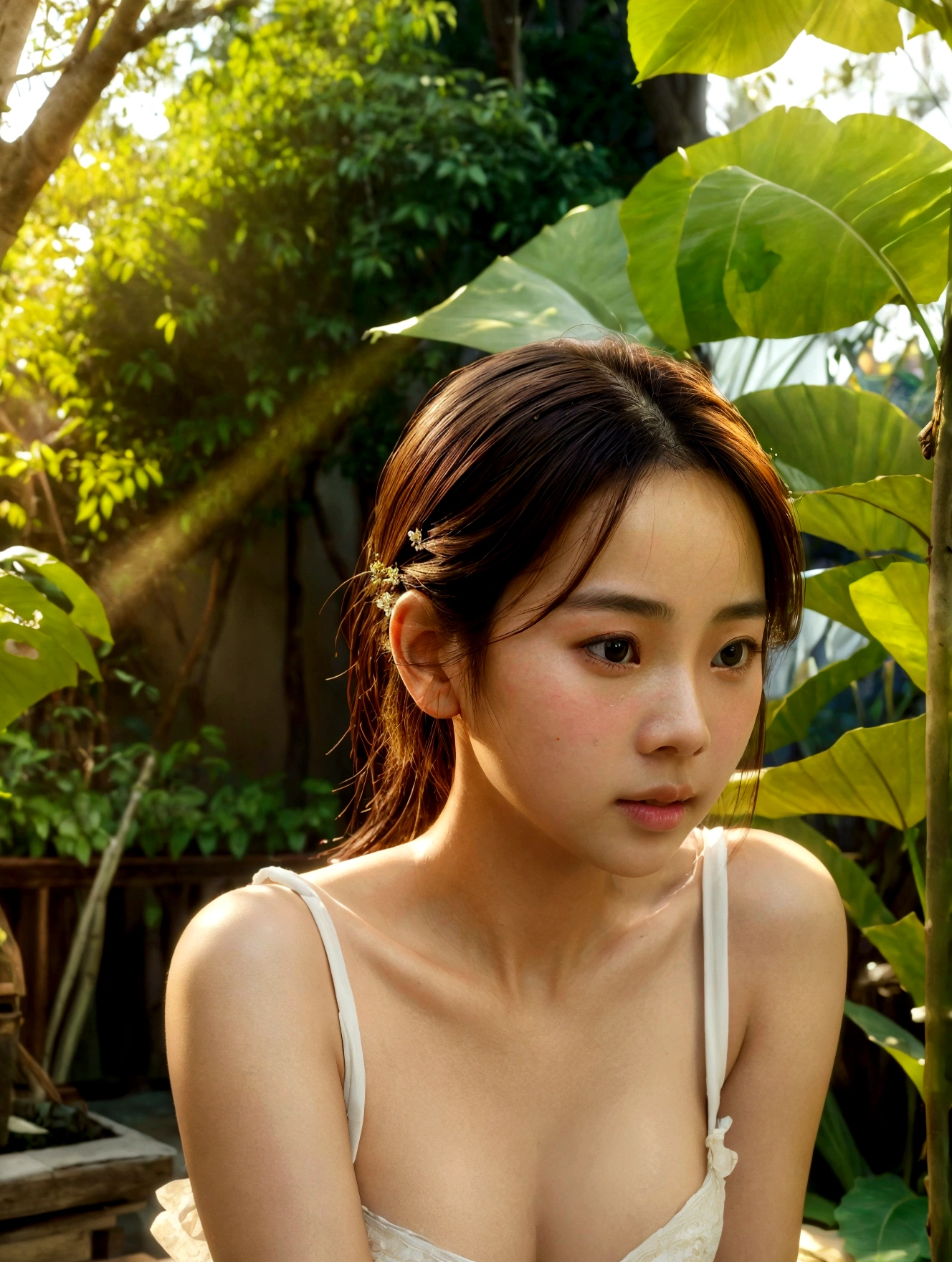 1girl, full body, cinematic lighting, beautiful detailed eyes, beautiful detailed lips, extremely detailed intricate face, delicate features, glowing skin, chiang mai background, serene expression, elegant pose, detailed flower garden, lush foliage, sunlight filtering through trees, warm color tones, photorealistic, (best quality,4k,8k,highres,masterpiece:1.2),ultra-detailed,(realistic,photorealistic,photo-realistic:1.37),vibrant colors,soft focus,dramatic lighting