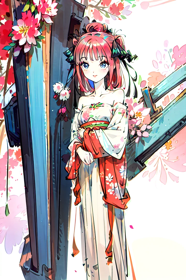 Best quality, masterpiece, ultra high res, (photorealistic:1.4), raw photo, 1girl, white dress, off shoulder, blossom flower field, glowing skin, light smile, nino nakano, pink red long hair, shoulder, blue eyes, hair ribbons, full body, among flowers, chinese princess, hair buns