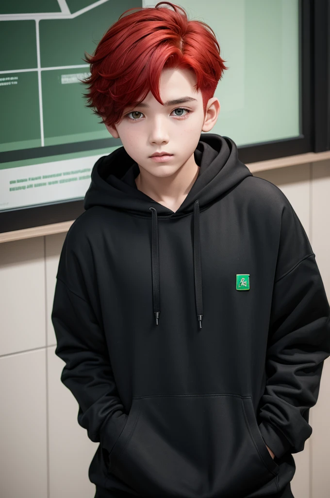 An effeminate boy wearing a black hoodie with red hair and green okgos