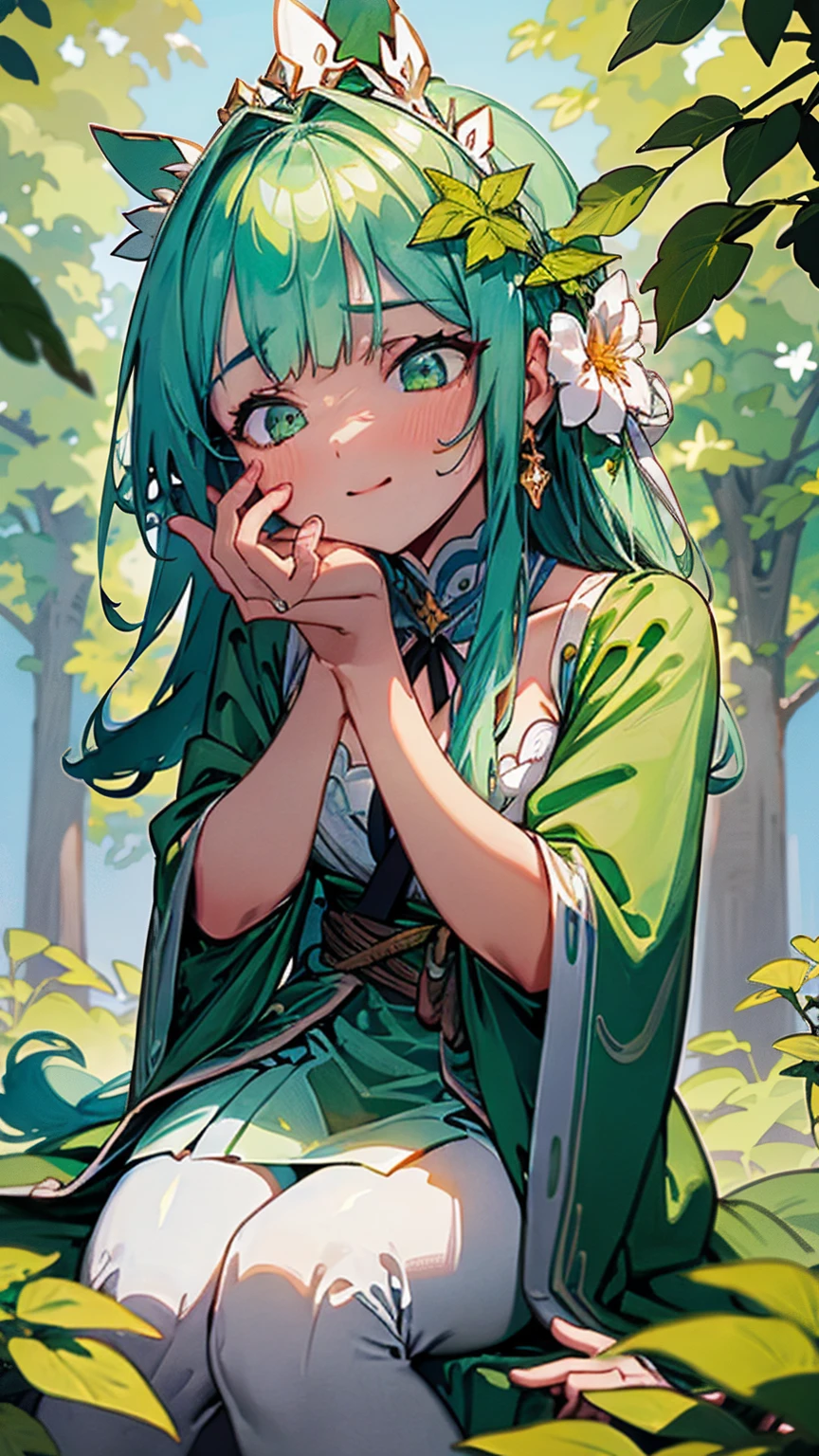 In a serene city park, the Giantess Goddess with sky blue skin and leaf green eyes moves among the picnic blankets and playing children. Her hair, a cascade of green leaves, blends with the foliage. Families and friends pause in their conversations, their laughter softening as they watch her pass. Unseen until her immense hand gently scoops them up, they gasp in awe, their voices hushed against her palm as she brings them close to her face, curiosity gleaming in her eyes before setting them down gently.