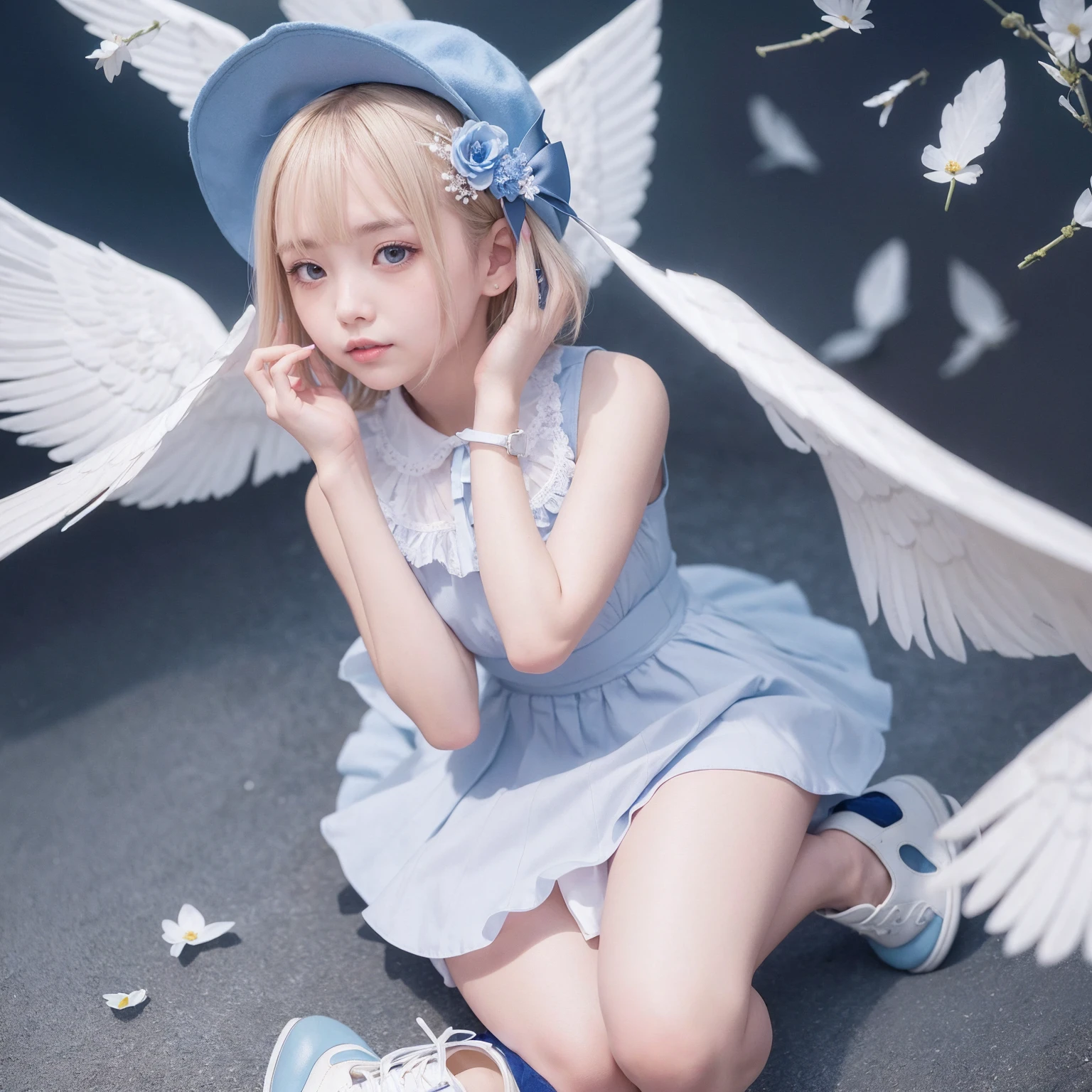 Detailed face, Cute face, Uekura, One Girl, Blonde, White Background, have, dress, Blue footwear, wing, Simple Background, sign, flower, Manicure, Wide sleeves, Short sleeve, blush, animal, white flower, alone, whole body, bird, Show Viewer, High heels, Put your hand on your cheek, Put your hands on your face, Frills, bow, bangs, ribbon, Bell, Blue Hat, +_+, shoes, short hair, Grey Eyes, shoes, Blue Claws, feathered wing, blue bow
