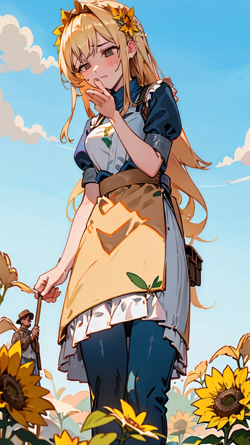 Walking through a tranquil countryside, the Giantess Goddess with sunflower yellow skin and earth brown eyes navigates the fields and winding paths. Her hair, a cascade of golden wheat, sways in the gentle breeze. Farmers and villagers pause in their work, their greetings quiet as they watch her move gracefully past. Unnoticed until her gentle fingers delicately pluck them from their chores, they cry out in surprise, their protests muffled against her palm as she brings them close to her face, studying them with gentle curiosity before setting them down carefully.