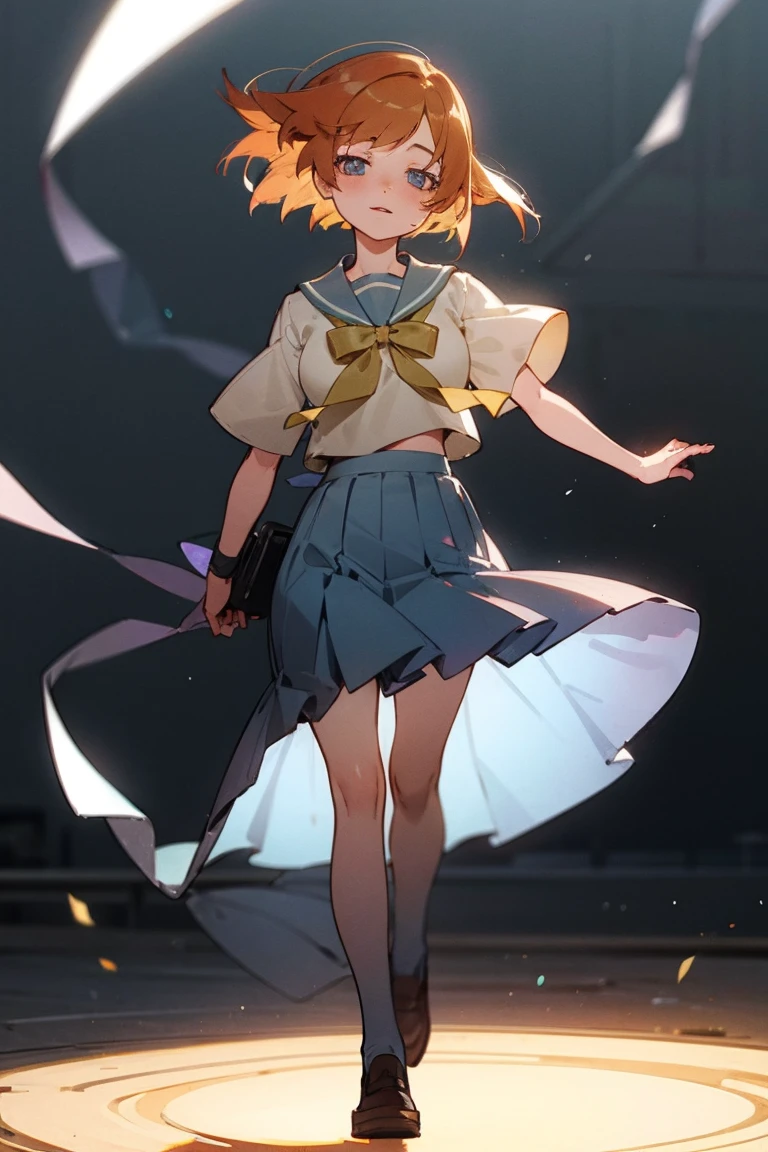 One girl，Beautiful viewasterpiece、Highest quality)，Short Hair,Orange Hair，Light blue sailor suit，Light blue skirt with yellow ribbon，Short sleeve，Blue eyes，whole body，loafers