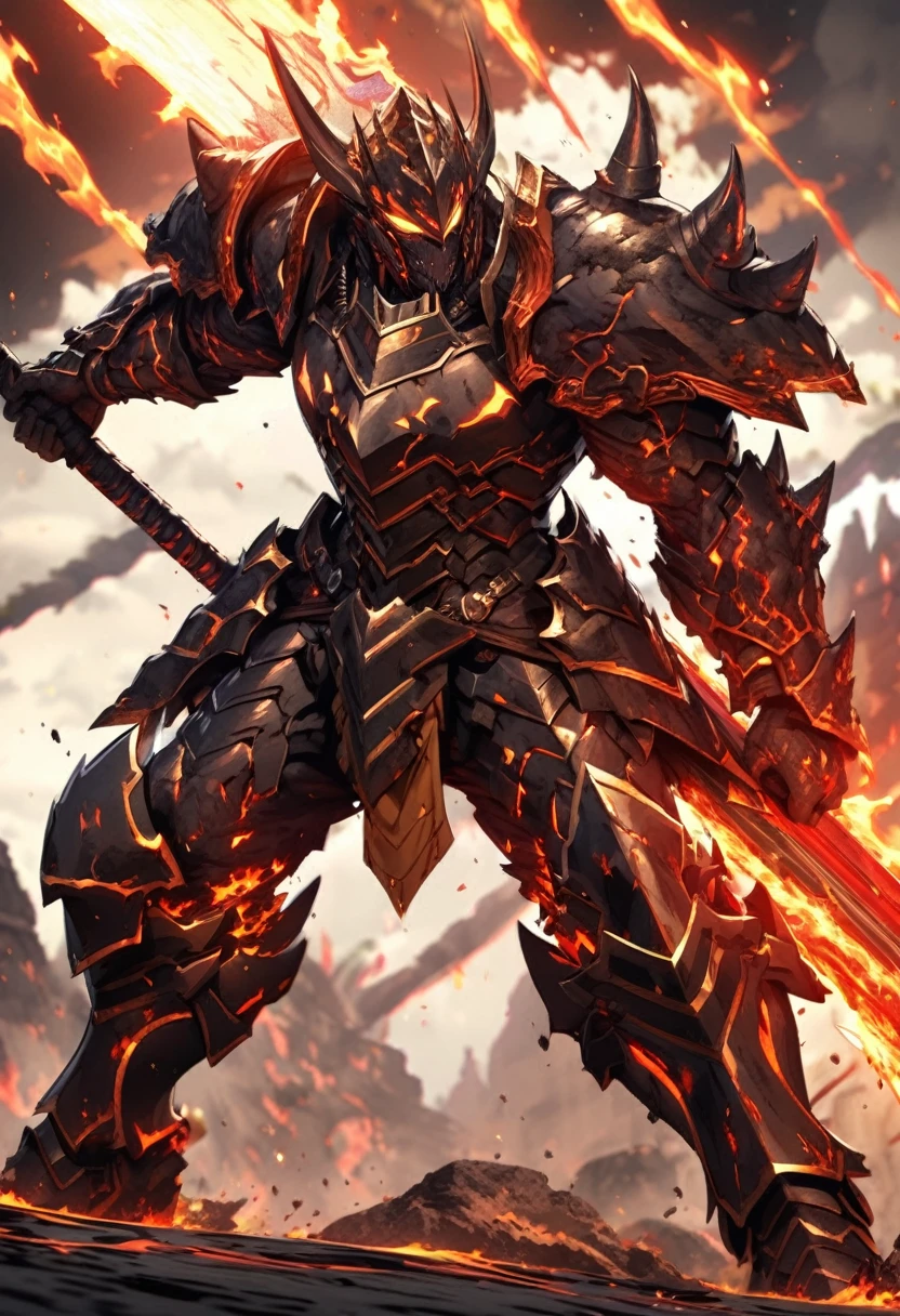 extremely detailed human warrior wearing a set of dark stone armor lined with lava wielding 2 handed greatsword weapon made of lava & earth