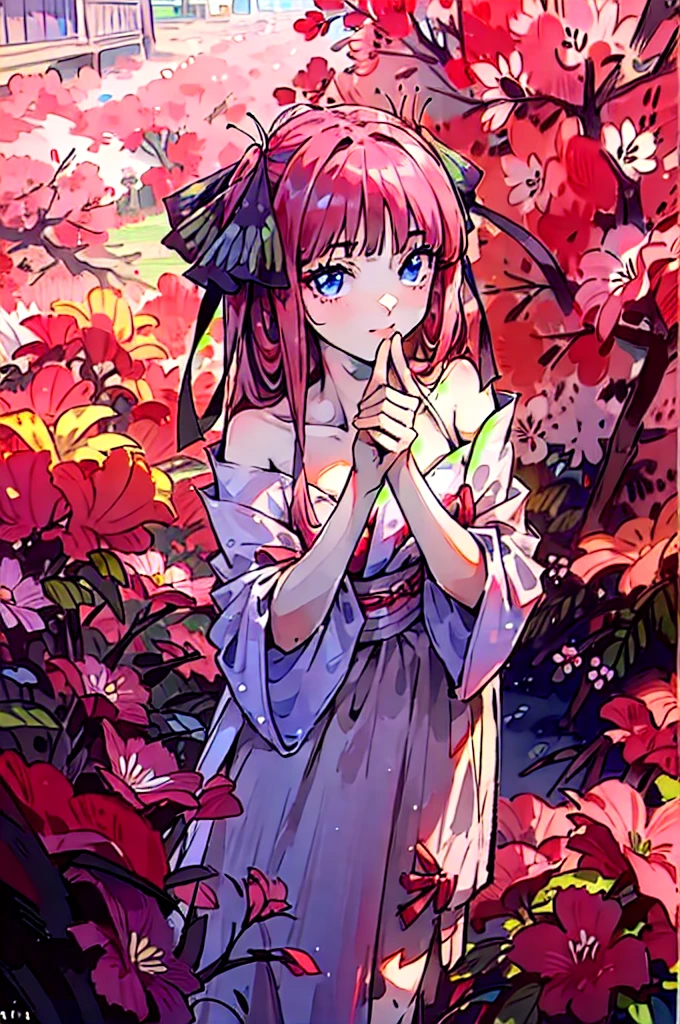 Best quality, masterpiece, ultra high res, (photorealistic:1.4), raw photo, 1girl, white dress, off shoulder, blossom flower field, glowing skin, light smile, nino nakano, pink red long hair, shoulder, blue eyes, hair ribbons, full body, among flowers, chinese princess, hair buns