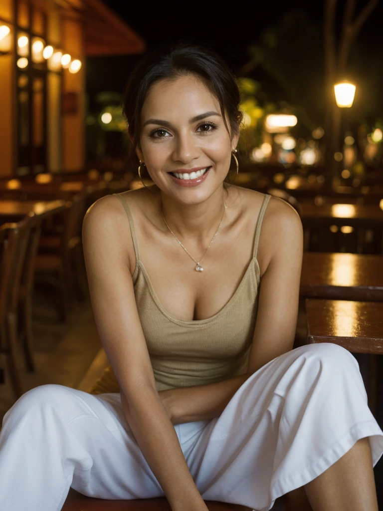 Liliana, 1girl, solo, realistic, photorealistic, high quality picture, 8k, high resolution, detailed quality, film grain, natural photo, ultrarealistic, (((40-years-old))), ((detailed wrinkles in her face)), LATINA, (Background: Dominican Republic), (((SLIM))), ((THIN)), (Slender) ((Short Straight hair)), Smiling, fully clothed, Pose: Sitting, ((sitting on a restaurant in Dominican Republic)), Night time, full shot