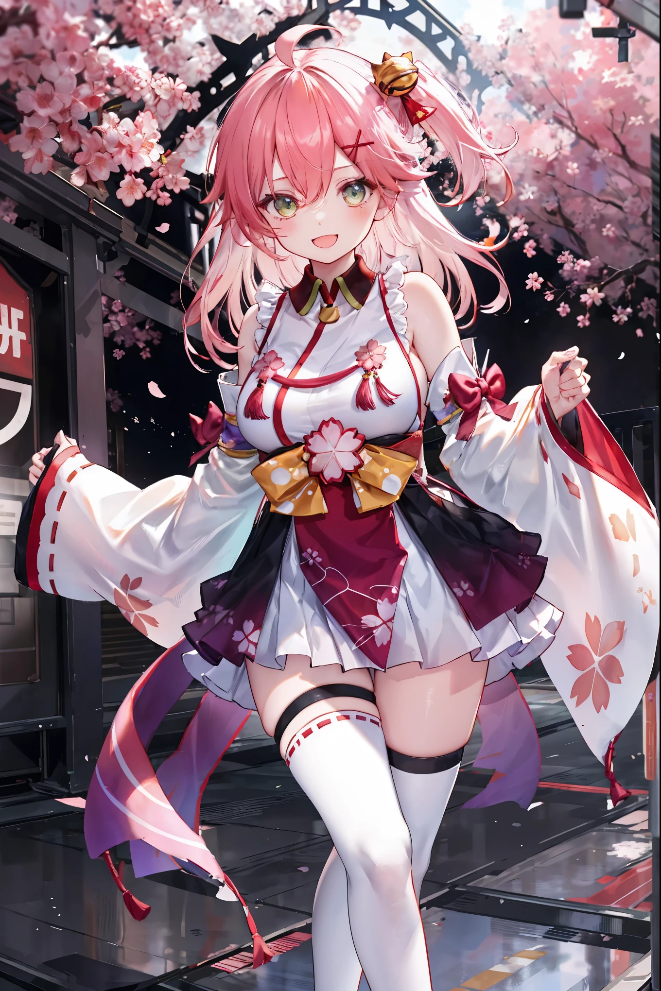 masterpiece, best quality, highres, miko1, sakura_miko, 1girl, big_boobs, solo, ahoge, x_hair_ornament, pink_hair, floral print, hairclip,(side_less_clothes:1.5), (side_boobs:1.5), hair_bell, floral print, long_hair, hair between eyes, one side up, white thighhighs, asymmetrical legwear, wide sleeves, open_mouth,(happy:1.3),gleen_eyes,big_smile,(rise_leg:1.3),plump,apart_legs,(overly_long_sleeves:1.3),),sleeves_past_wrists,hands_hidden_sleeves,sidelock_clothes,dynamic_posing,solo,hidden_wrists,(XD:1.4),covered_nipples,sunlight,cherryblossom_background,