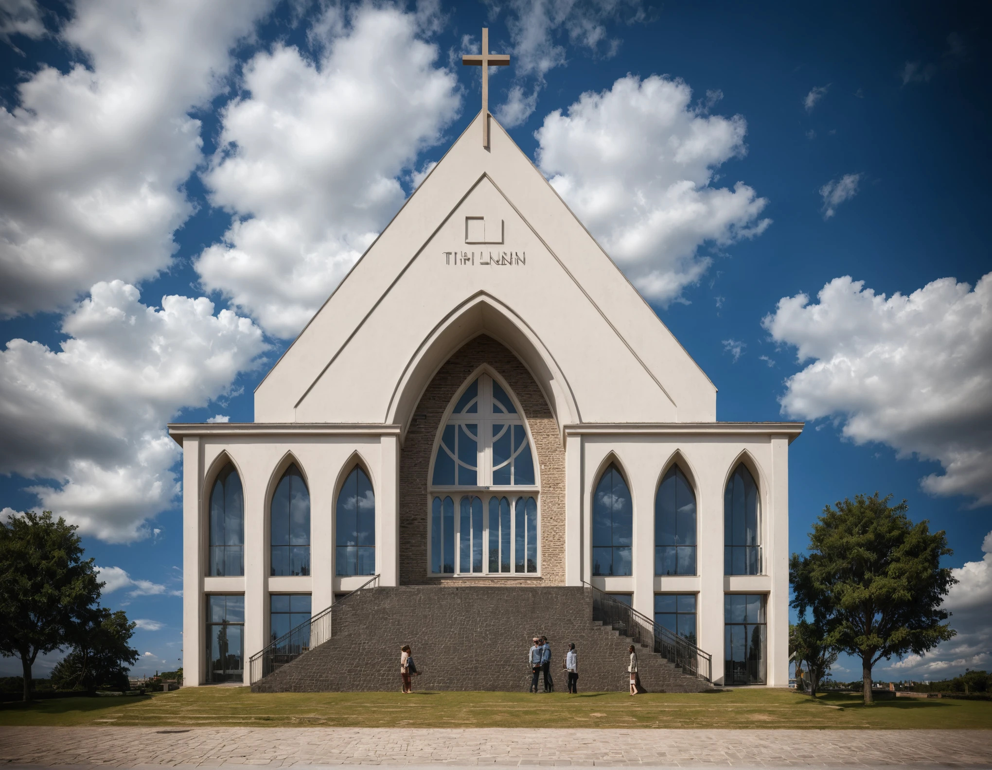 raw photo, best quality, ultra realistic, masterpiece, best quality skin, photography hd, dslr, tcs, httlvn, modern church, road, people, house, facade design, outdoors, church,