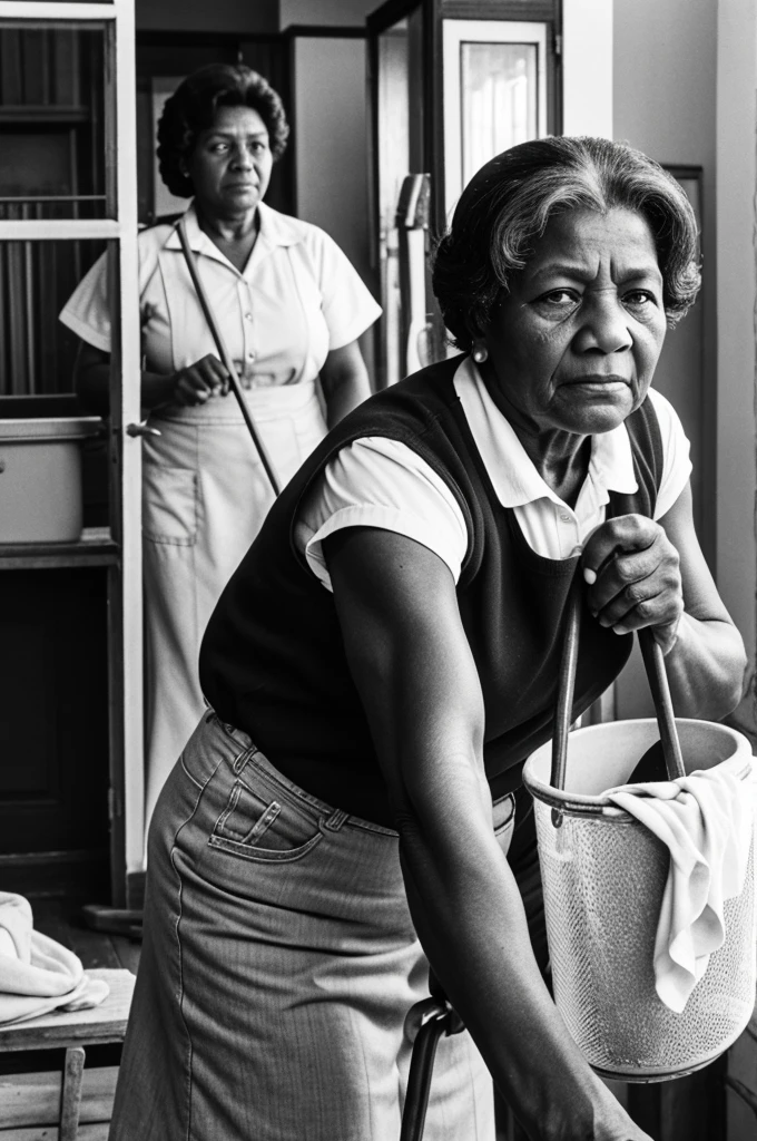 black and white photo, old style of lower class woman working in cleaning with 57 years old, BROWN SKIN, muscular, round face and upturned nose with a mole on the left cheek in New York, dressed in the clothes that were worn in 1979. All with a very 90's style.