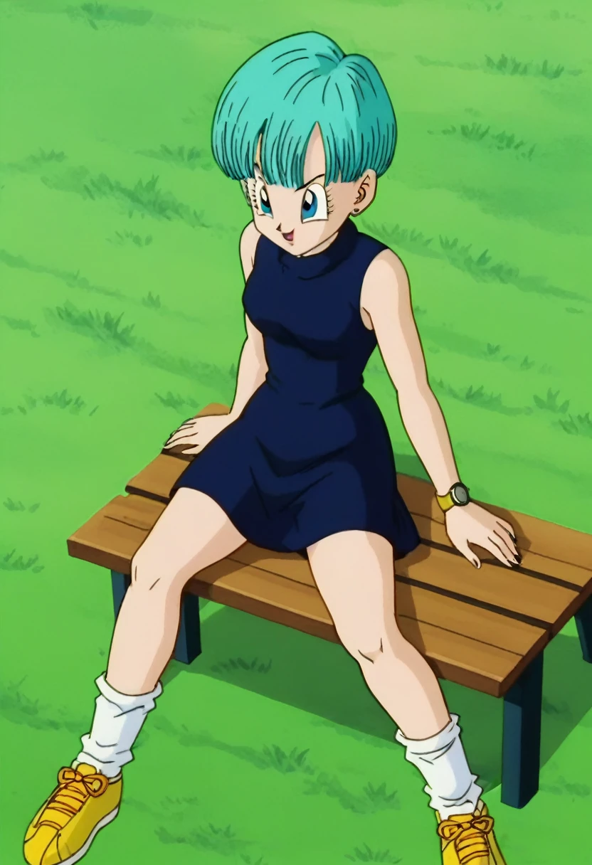 fountain_cheered up, score_9, score_8_above, score_7_above, cheered up screencap,
BULMA, 1 girl, Alone, buu saga, aquamarine hair, very short hair, bowl cut, Blue eyes, wristwatch, , dark blue dress , sleeveless, loose socks, Yellow sneakers, Grass, Field, from below,legs crossed on a bench