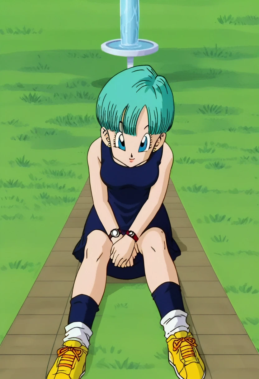 fountain_cheered up, score_9, score_8_above, score_7_above, cheered up screencap,
BULMA, 1 girl, Alone, buu saga, aquamarine hair, very short hair, bowl cut, Blue eyes, wristwatch, , dark blue dress , sleeveless, loose socks, Yellow sneakers, Grass, Field, from below,legs crossed on a bench