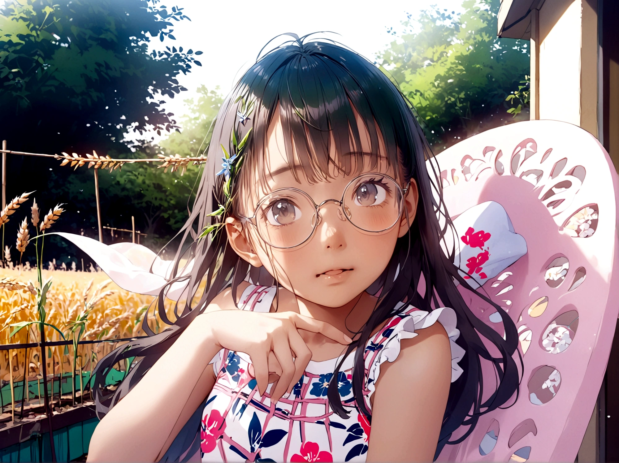 Japanese beautiful girl, Embarrassed look, figure, (Highest quality, Super detailed), front、Gentle lighting, Flowing Hair,one piece、 Delicate features, Dreamy atmosphere、Analog Film Photography、20-year-old、80'、サイバーパンクWindローファイアニメーション、Wind, sunset, Wheat field,