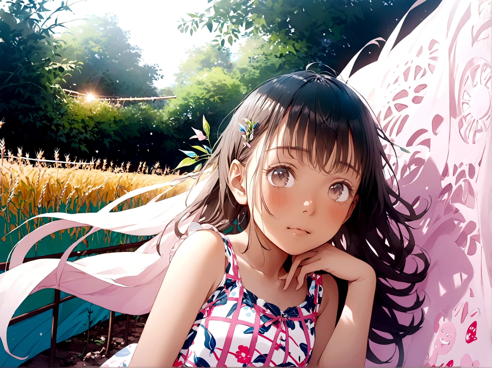 Japanese beautiful girl, Embarrassed look, figure, (Highest quality, Super detailed), front、Gentle lighting, Flowing Hair,one piece、 Delicate features, Dreamy atmosphere、Analog Film Photography、20-year-old、80'、サイバーパンクWindローファイアニメーション、Wind, sunset, Wheat field,
