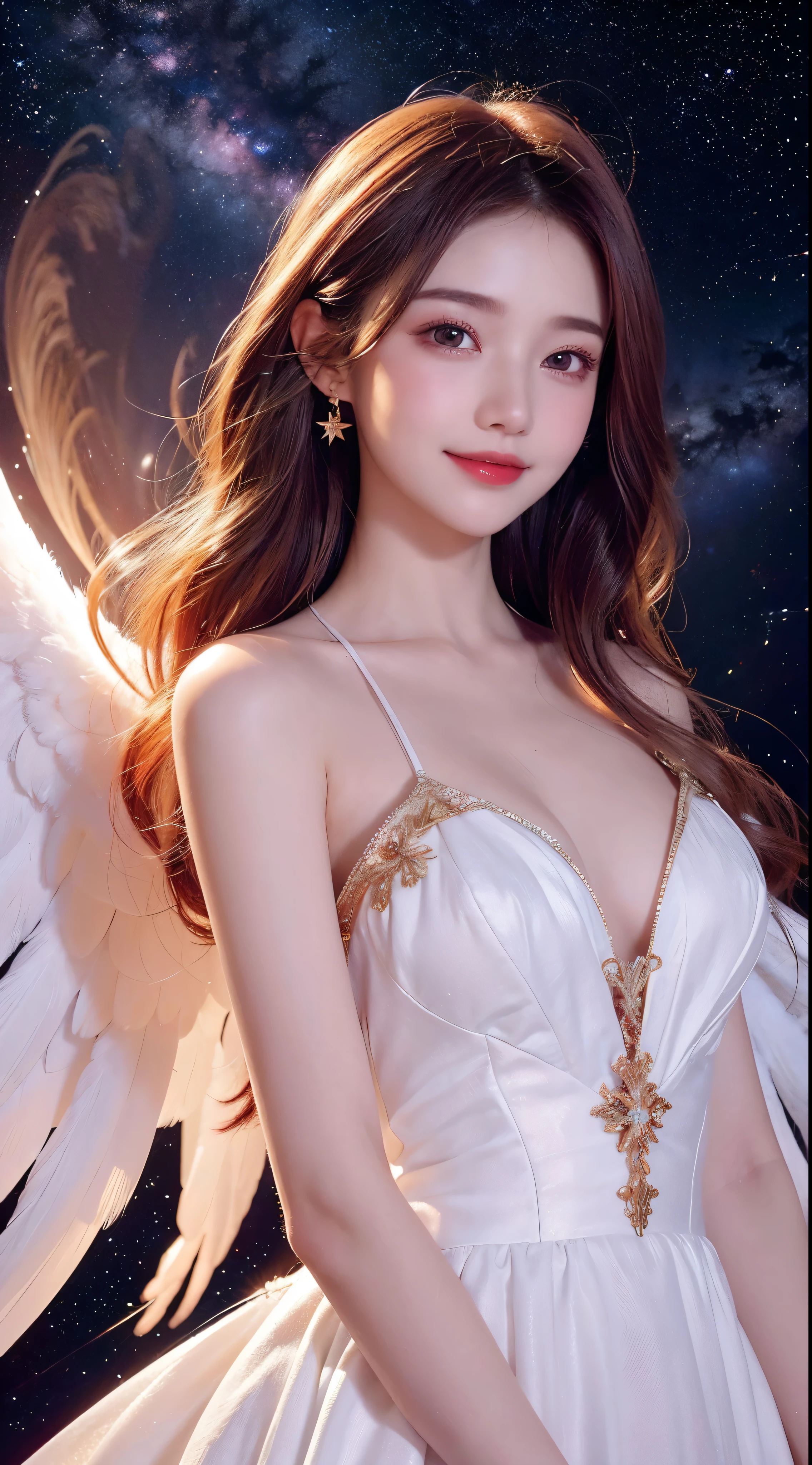 with high definition images，angel images，Beautiful coloraroon hair、Smile、White angel wings、Golden halo、Red dress with white feathers、upright、universe space、Milky Way in the background、遠くのstar、Upper Body、star々The brilliance。Facial details