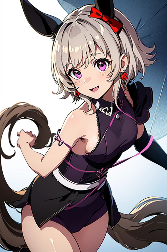 (masterpiece),(Highest quality:1.0), (Ultra-high resolution:1.0), Detailed illustrations, 8K, Pretty face, White Background、Big Breasts、underwear, underwear姿、黒色のunderwear、lingerie、See-through、Naughty、hentai、whole body、Animal ears, earrings, Horse tail、Are standing, smile, Open your mouth