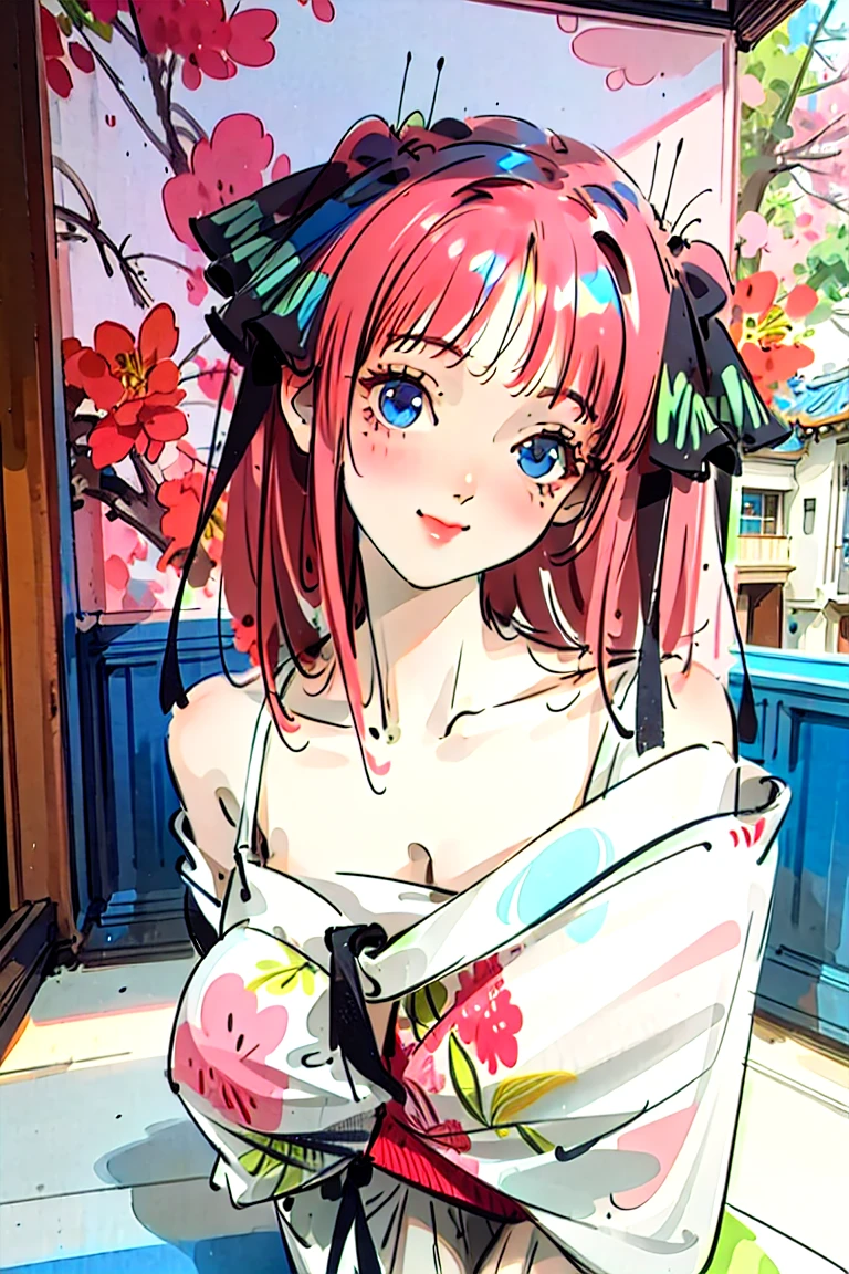 Best quality, masterpiece, ultra high res, (photorealistic:1.4), raw photo, 1girl, white dress, off shoulder, blossom flower field, glowing skin, light smile, nino nakano, pink red long hair, shoulder, blue eyes, hair ribbons, full body, among flowers, chinese princess, hair buns