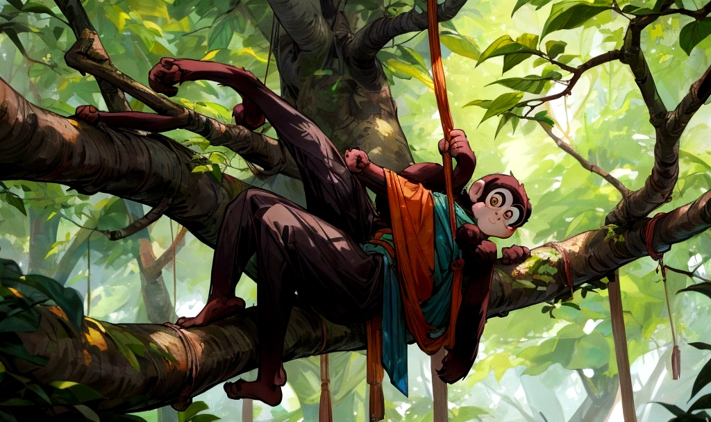 a one monkey in the forest, hanging from a tree branch