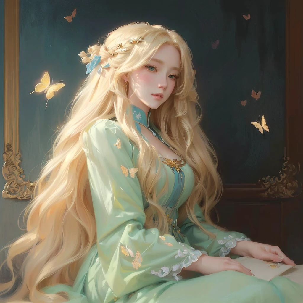 painting of a woman with long blonde hair and butterfly hair, beautiful character painting, in the art style of bowater, beautiful fantasy art portrait, blonde - haired princess, fantasy art style, artwork in the style of guweiz, beautiful fantasy art, exquisite digital illustration, elegant digital painting, by Yanjun Cheng, fantasy style art, beautiful fantasy maiden, fantasy victorian art