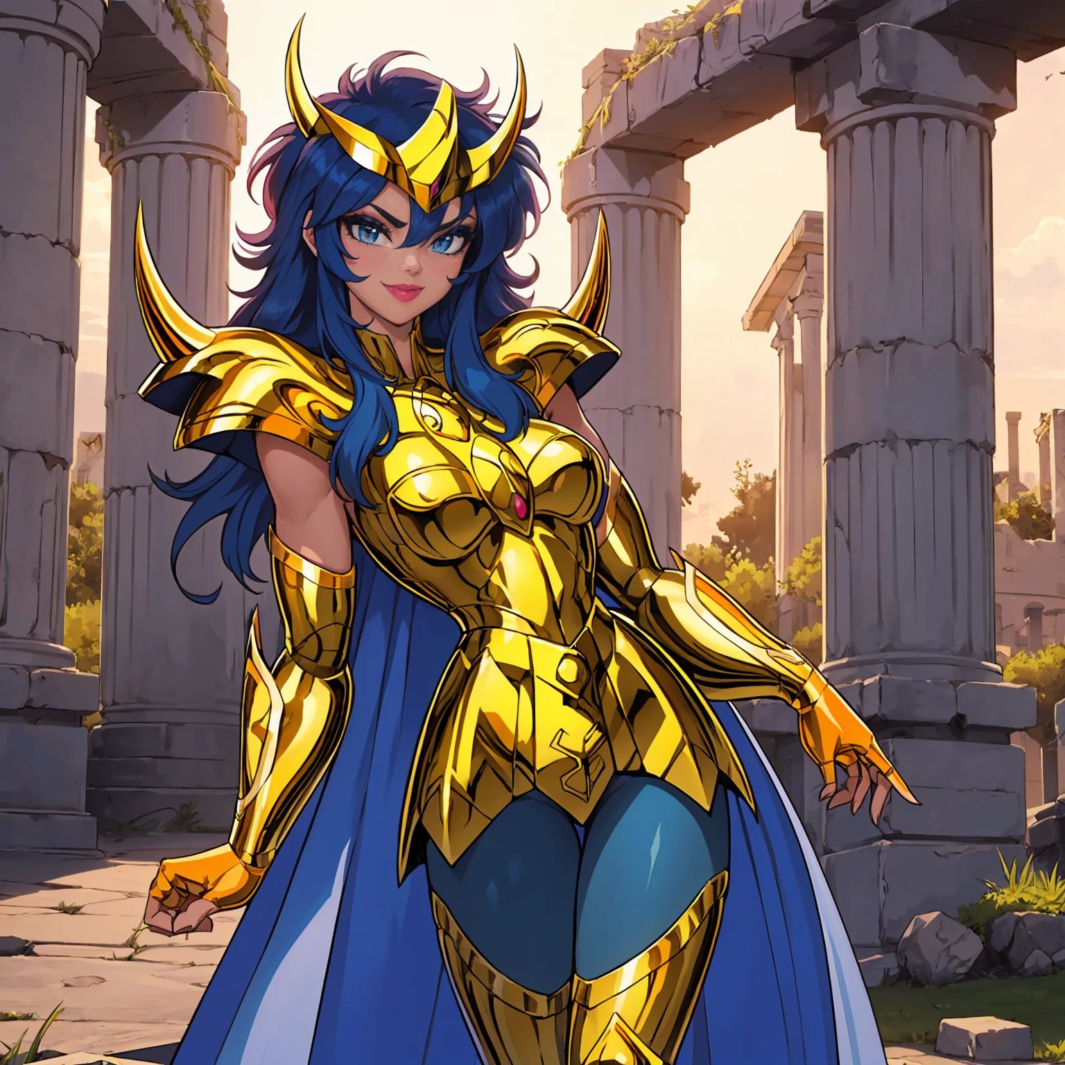 Scorpio Gold Armor, ((Messy hair, blue hair, glowing blue eyes, lipstick, makeup, narrow waist, skinny, medium breasts, alone)), pelvic curtain, ((scorpioarmor, armor,golden shinning armor, reflection armor, helmet)), full body, perfect body, (insanely detailed, beautiful detailed face, masterpiece, best quality) , (((solo))), (((1girl))), (((mature))), (extremely detailed 8k paper CG wall unit: 1.1), (greek ruins background, dusk), (smile face for the viewer),