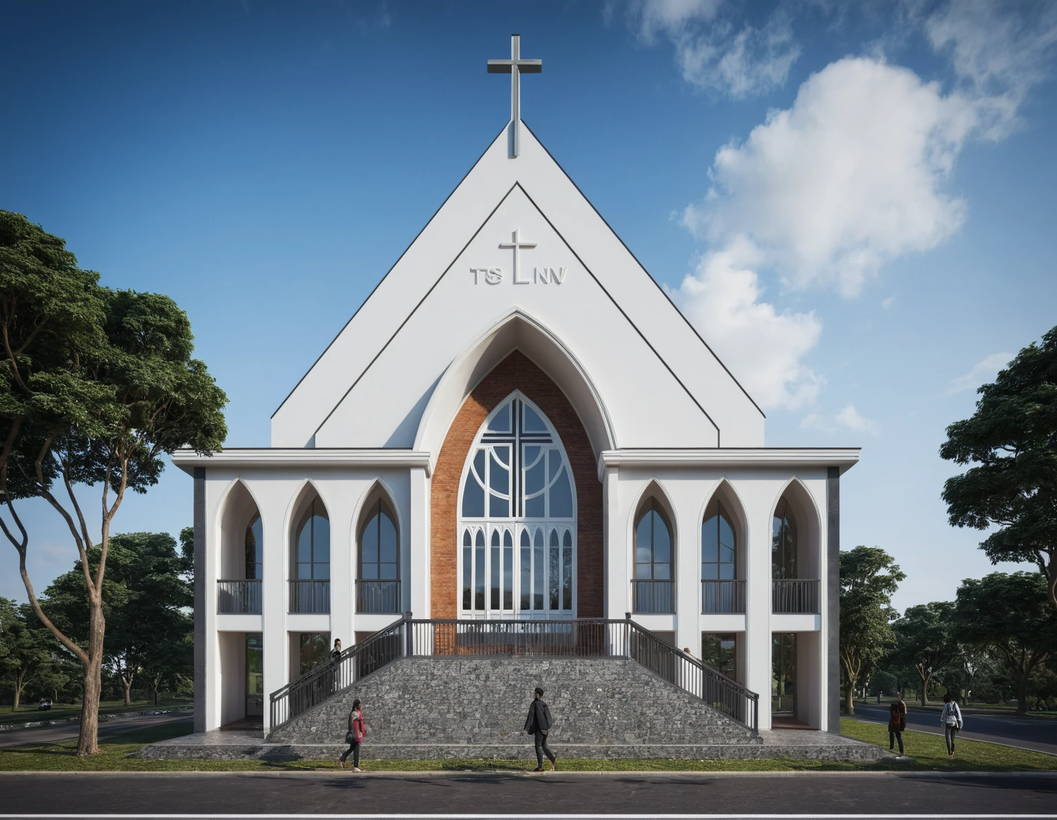 raw photo, best quality, ultra realistic, masterpiece, best quality skin, photography hd, dslr, tcs, httlvn, modern church, road, people, house, facade design, outdoors, church,