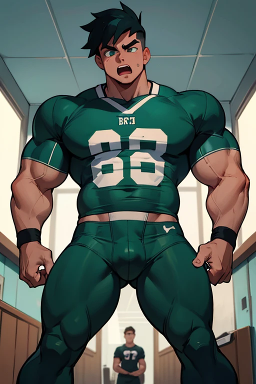 Danny Phantom, ghost, hypnosis, jock, conversion, locker room hallway, hyper muscles, jockstrap, bro, meathead, hypnotized, brainwashed, brainwashing, big dumb jock, football.  Glowing green eyes. Danny Fenton is hypnotized by Dash to become another dumb bodybuilder football jock bro. Forgetting. Meaner. Threatening. leering. Malicious. "Why do I feel like...? I want to ... I should..... I should be giving someone a wedgie right now! Stupid nerds. Fuck, Dash, where's that fucker Tucker? I wanna shove him in his locker." Hyper crotch bulge. Massive bulging crotch. Big balls. Big biceps. Big triceps. Big traps. Broad shoulders. Big meaty pecs. Big thighs. Thick glutes. Football team assimilation. Black hair. Deep dull voice. glazed expression. dumber and dumber. Open mouth. Clothes turning into a football uniform. 