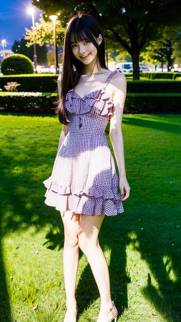 (Highest quality:1.5), (Real:1.4), (Ultra high definition:1.4), (No correction:1.4), (Skinny 18 year old girl), (1 Japanese very thin girl with flat chest in eighteen years old), (very thin body), skinny face, (Beautiful skin), (Ruffled Dress), High heels, (girl is wearing Ruffled Dress), (very thin girl is standing on the grass in the park at night), (18yo very thin girl is standing in the night park), (front view of a flat chest girl), (Night Park), (Upper Body), (smile), (Turn your body forward), (flat chest), (very thin)