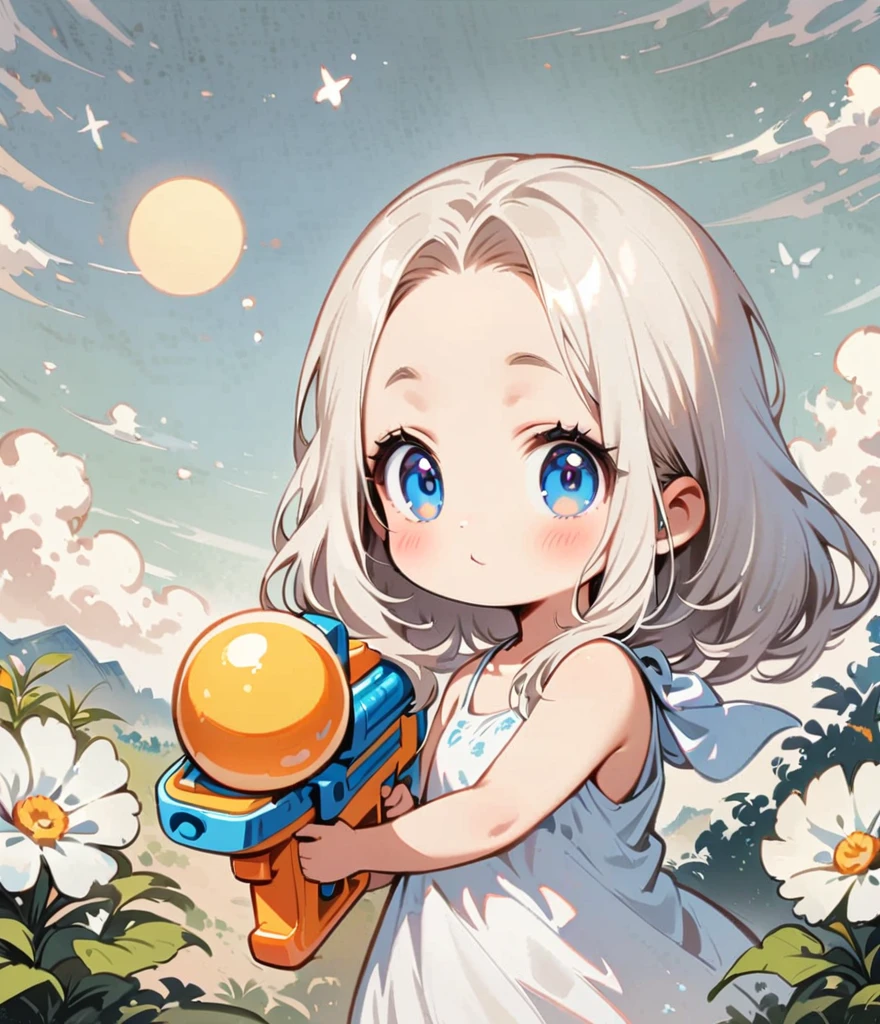 Play with a water gun、Gardenia flowers、large white flowers、Cartoon style character design，1 Girl, alone，Big eyes，Cute expression，Tank top、interesting，interesting，Clean Lines