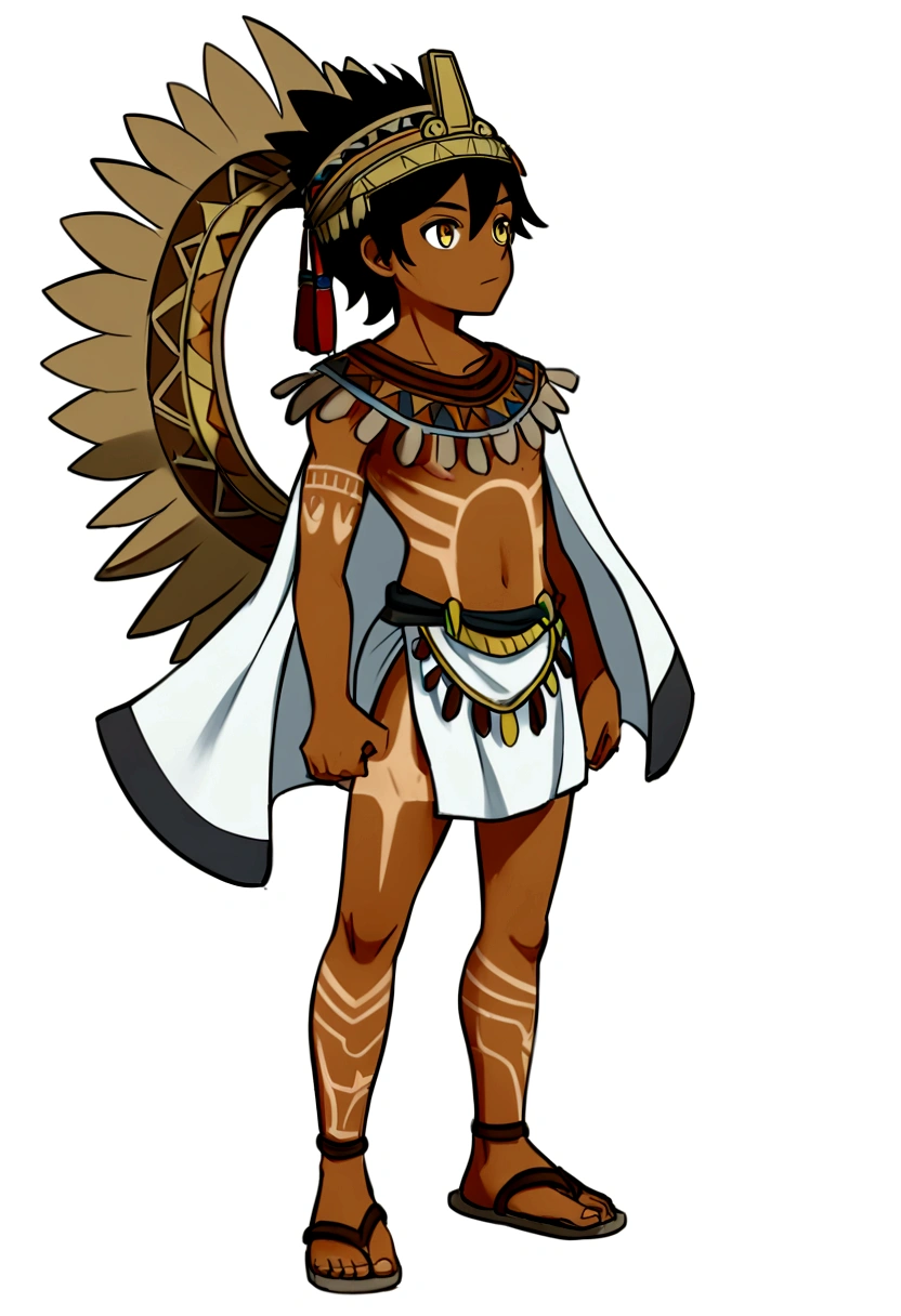 higres, stable diffusion 3, 1boy, solo, 16 years old, native boy, , medium black hair, dark skin, golden eyes, atletic body, native figther , poncho, gambezon, cotton vest, aztec armor, aztec glipho, bodypaint, tribal bodypaint,, loincloth, leather sandals, aztec, aztec boy, , standing, legs apart, full body, white background, simple background, Genshin impact style, lora: anime_style: 1.5