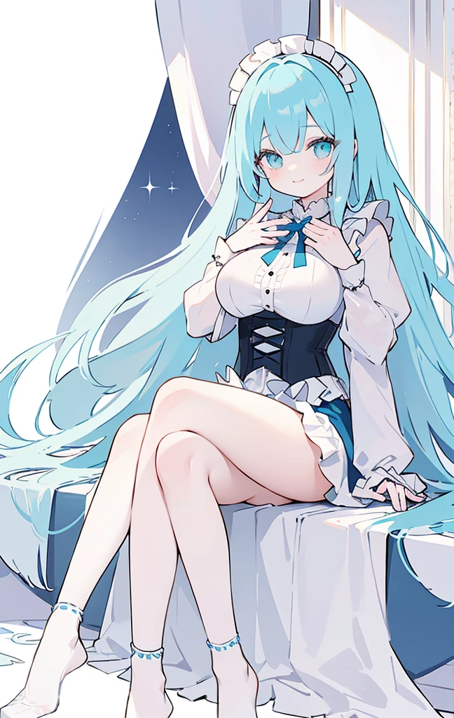 (long beautiful cyany hair) cyan eyes, (Eyes behind long bangs) big breasts, Sitting pose using accessories (using socks) perfect shiny beautiful cyan shoes (Wearing luxurious palace maid clothes Perfect perfect noble)  Pose facing sideways (Girl1, straight hair not too long, bangs covering one eye, soft face, gentle smile) long hair, beautiful cyan eyes (Sitting pose, right hand down, left hand down, leaning pose,  smile kawai, (blank white background) Wearing a blue corset 