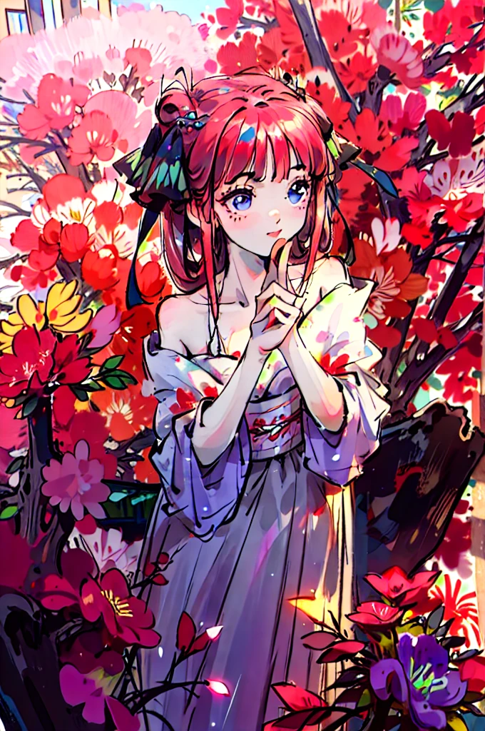 Best quality, masterpiece, ultra high res, (photorealistic:1.4), raw photo, 1girl, white dress, off shoulder, blossom flower field, glowing skin, light smile, nino nakano, pink red long hair, shoulder, blue eyes, hair ribbons, full body, among flowers, chinese princess, hair buns