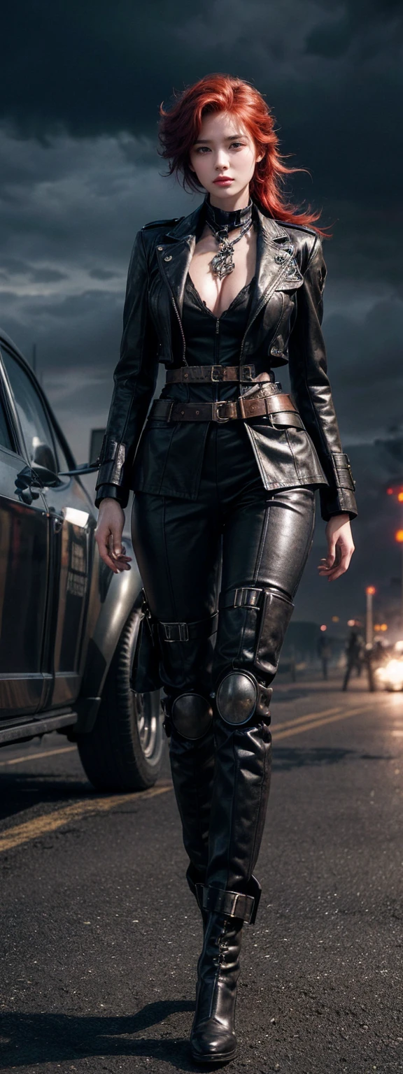A woman stood in front of a group of robots, Steampunk male portrait, synthesis, Beautiful woman, Stormy war scene, Inspired by Richard Avedon, A black diesel punk policewoman, Red-haired woman, Girl in a suit, Exquisite fashion clothing, beautiful female soldier  