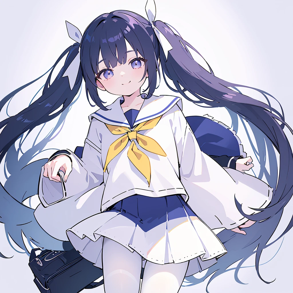 highres,ultra detailed,1girl,ponto nei,black hair,hair ribbon,hair ribbon,blue hair,grey eyes,low twintails,hair ornament,skin fang,sailor collar,neckerchief,white pantyhose,blue shorts,purple jacket,white background,smile,closed eyes,bent over,