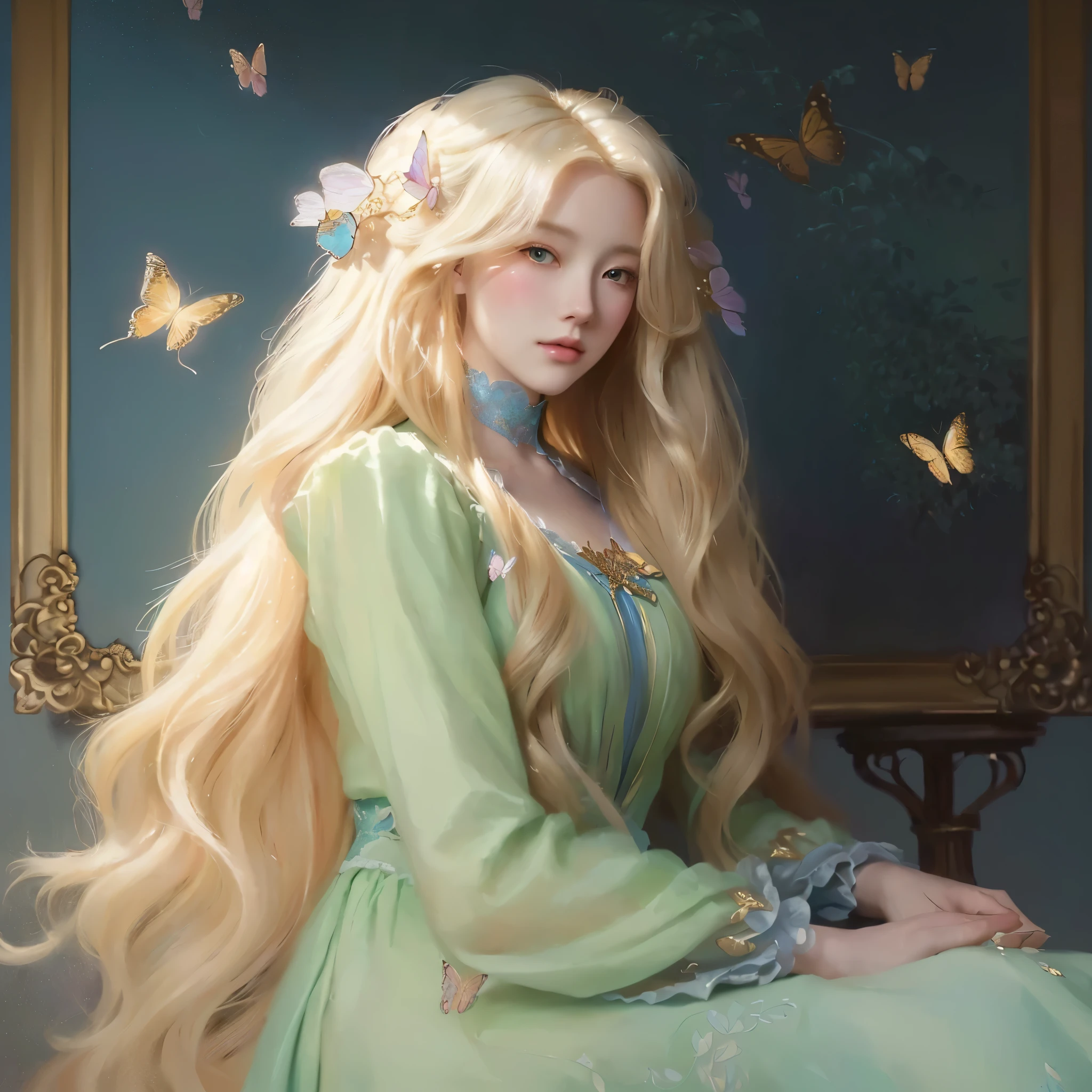 painting of a woman with long blonde hair and butterfly hair, beautiful character painting, in the art style of bowater, beautiful fantasy art portrait, blonde - haired princess, fantasy art style, artwork in the style of guweiz, beautiful fantasy art, exquisite digital illustration, elegant digital painting, by Yanjun Cheng, fantasy style art, beautiful fantasy maiden, fantasy victorian art