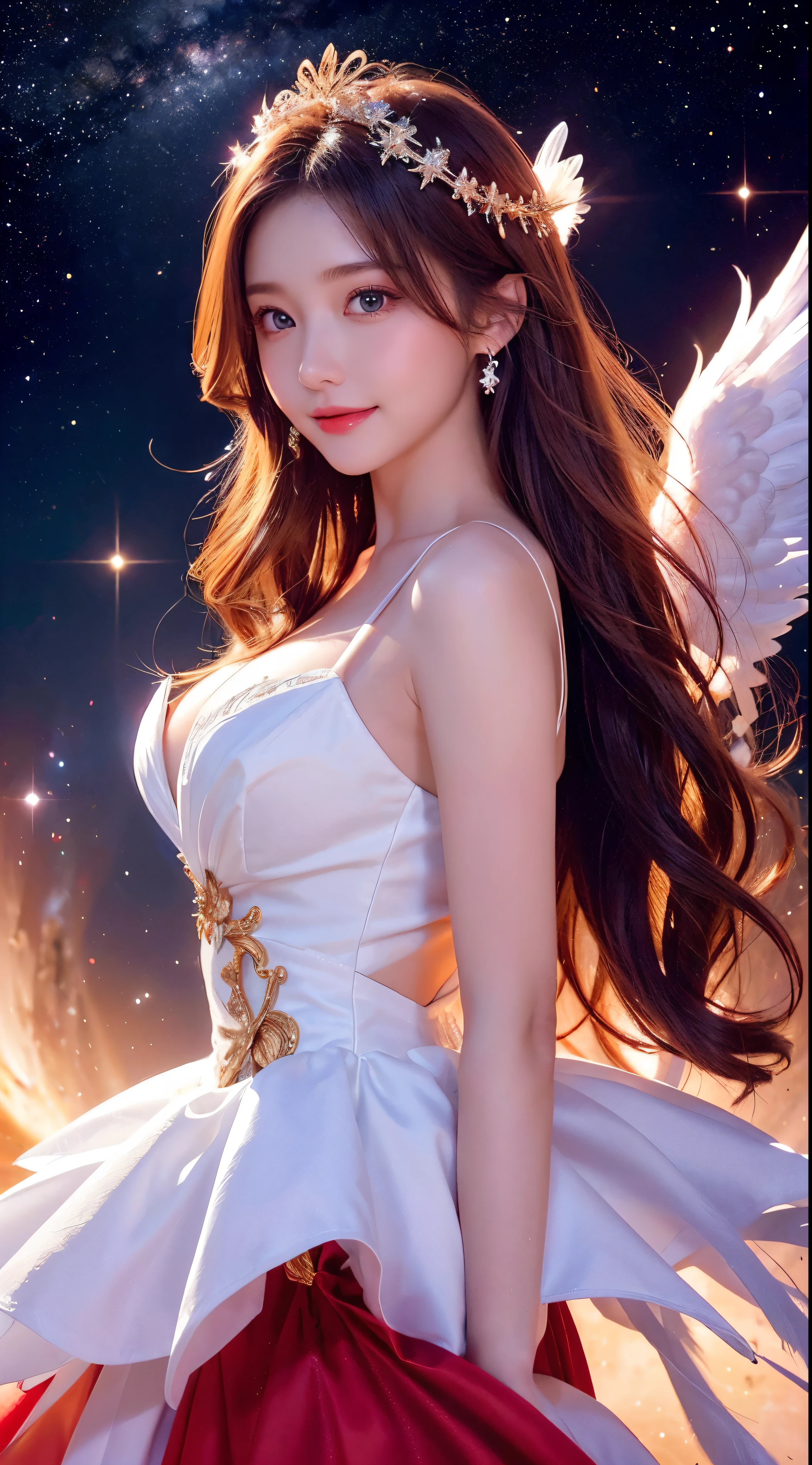 with high definition images，angel images，Beautiful coloraroon hair、Smile、White angel wings、Golden halo、Red dress with white feathers、upright、universe space、Milky Way in the background、遠くのstar、Upper Body、star々The brilliance。Facial details