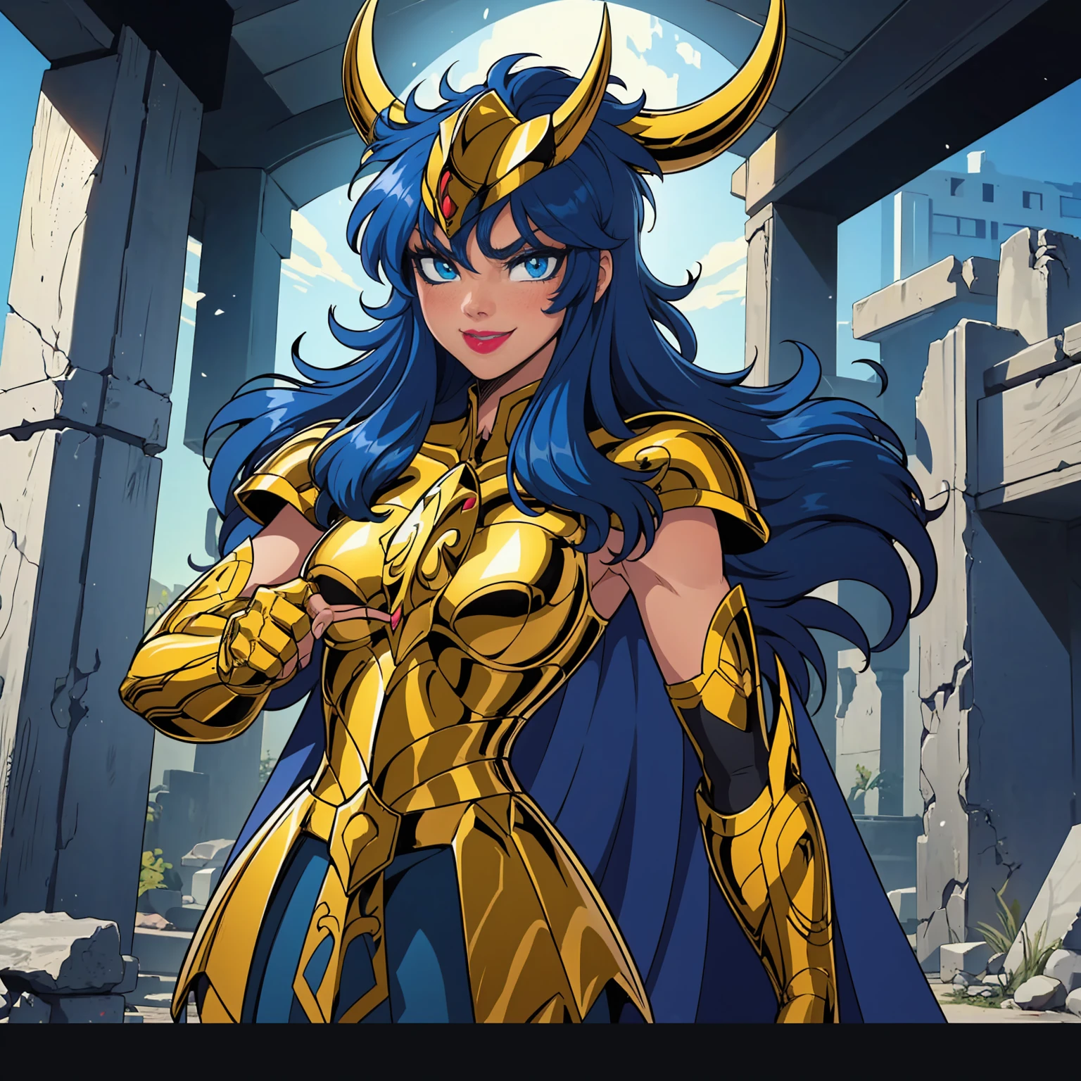 Scorpio Gold Armor, ((Messy hair, blue hair, glowing blue eyes, lipstick, makeup, narrow waist, skinny, medium breasts, alone)), pelvic curtain, ((scorpioarmor, armor,golden shinning armor, reflection armor, helmet)), full body, perfect body, (insanely detailed, beautiful detailed face, masterpiece, best quality) , (((solo))), (((1girl))), (((mature))), (extremely detailed 8k paper CG wall unit: 1.1), (greek ruins background, dusk), (smile face for the viewer),