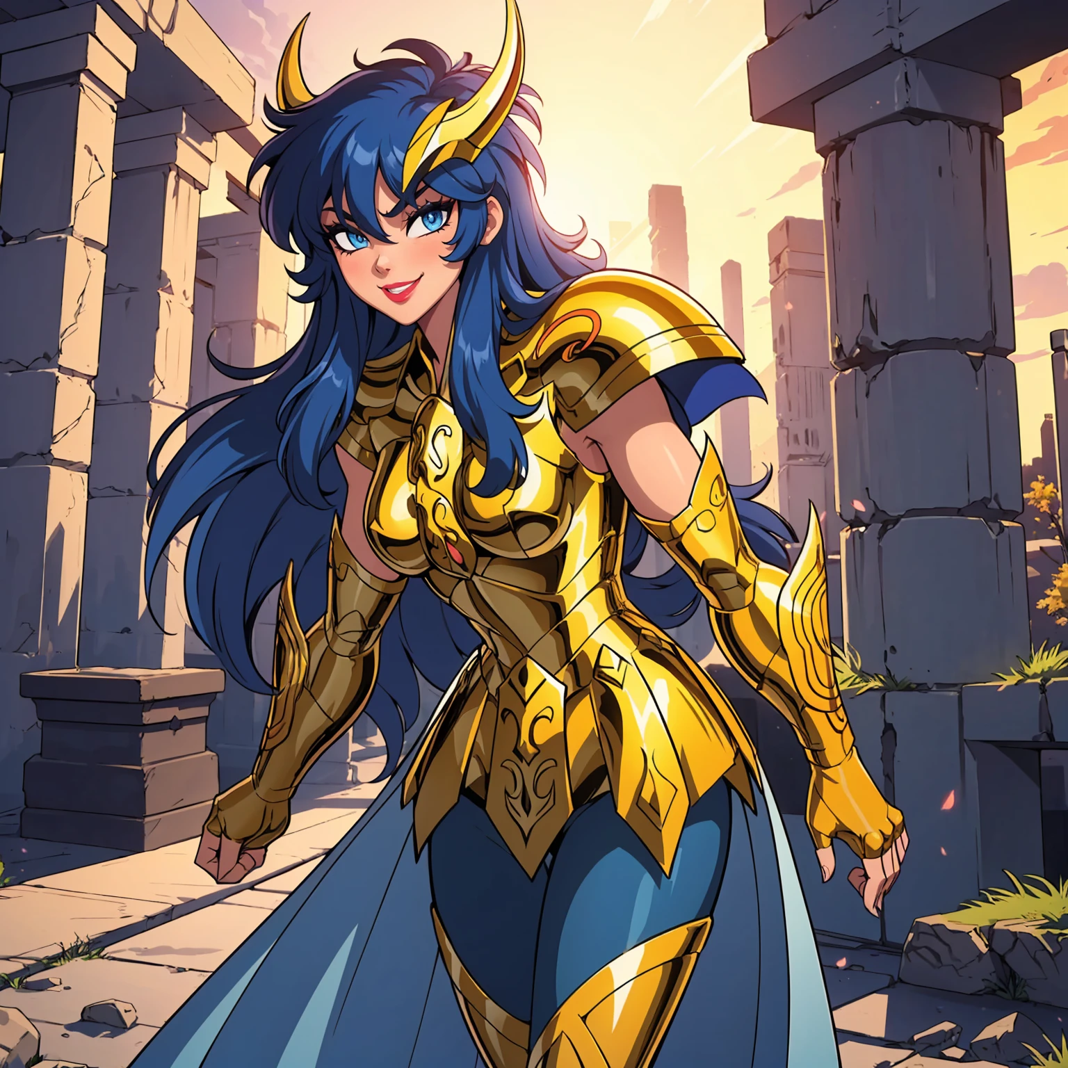 Scorpio Gold Armor, ((Messy hair, blue hair, glowing blue eyes, lipstick, makeup, narrow waist, skinny, medium breasts, alone)), pelvic curtain, ((scorpioarmor, armor,golden shinning armor, reflection armor, helmet)), full body, perfect body, (insanely detailed, beautiful detailed face, masterpiece, best quality) , (((solo))), (((1girl))), (((mature))), (extremely detailed 8k paper CG wall unit: 1.1), (greek ruins background, dusk), (smile face for the viewer),