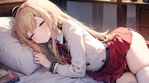 floor、mini skirt,Clothes with intricate details,Bright,Swimsuit,one person,blond,Sexy、Deep sleep、long hair、Stockings