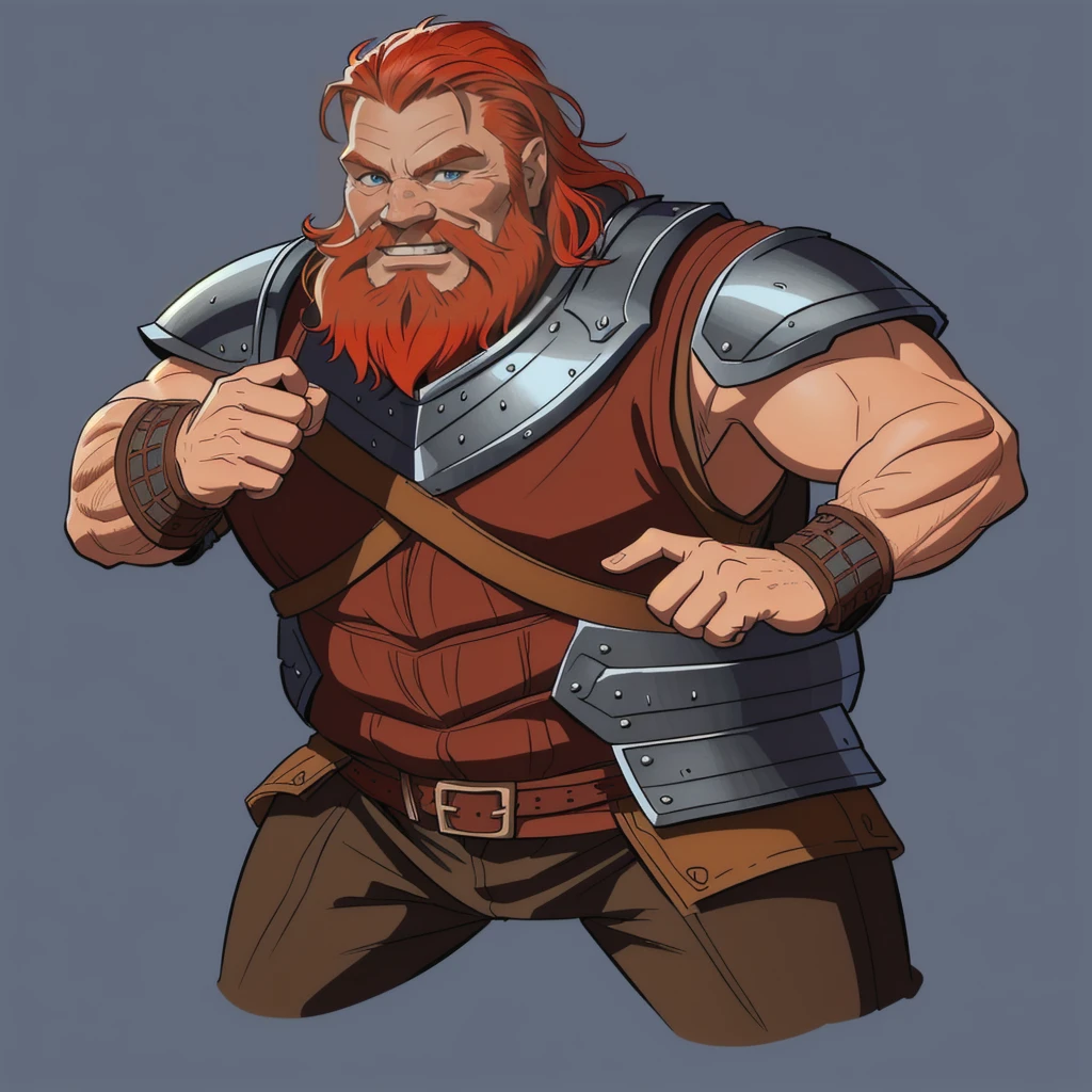 Ingólfr Einarr is a cheerful, outgoing, muscular and attractive 40-year-old red-haired Viking man, who wears his imposing medieval armor. hyper detailed and super realistic. cartoon style