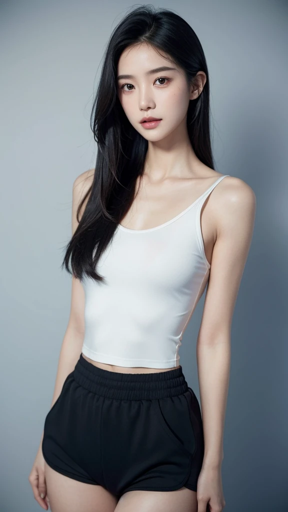 Quiet，Light makeup，Sexy，Peerless Beauty，Intellectual，clavicle，Neat long hair，Black Hair，Delicate face，Exquisite facial features，Natural expression，Natural eyes，sexy blue sports shorts