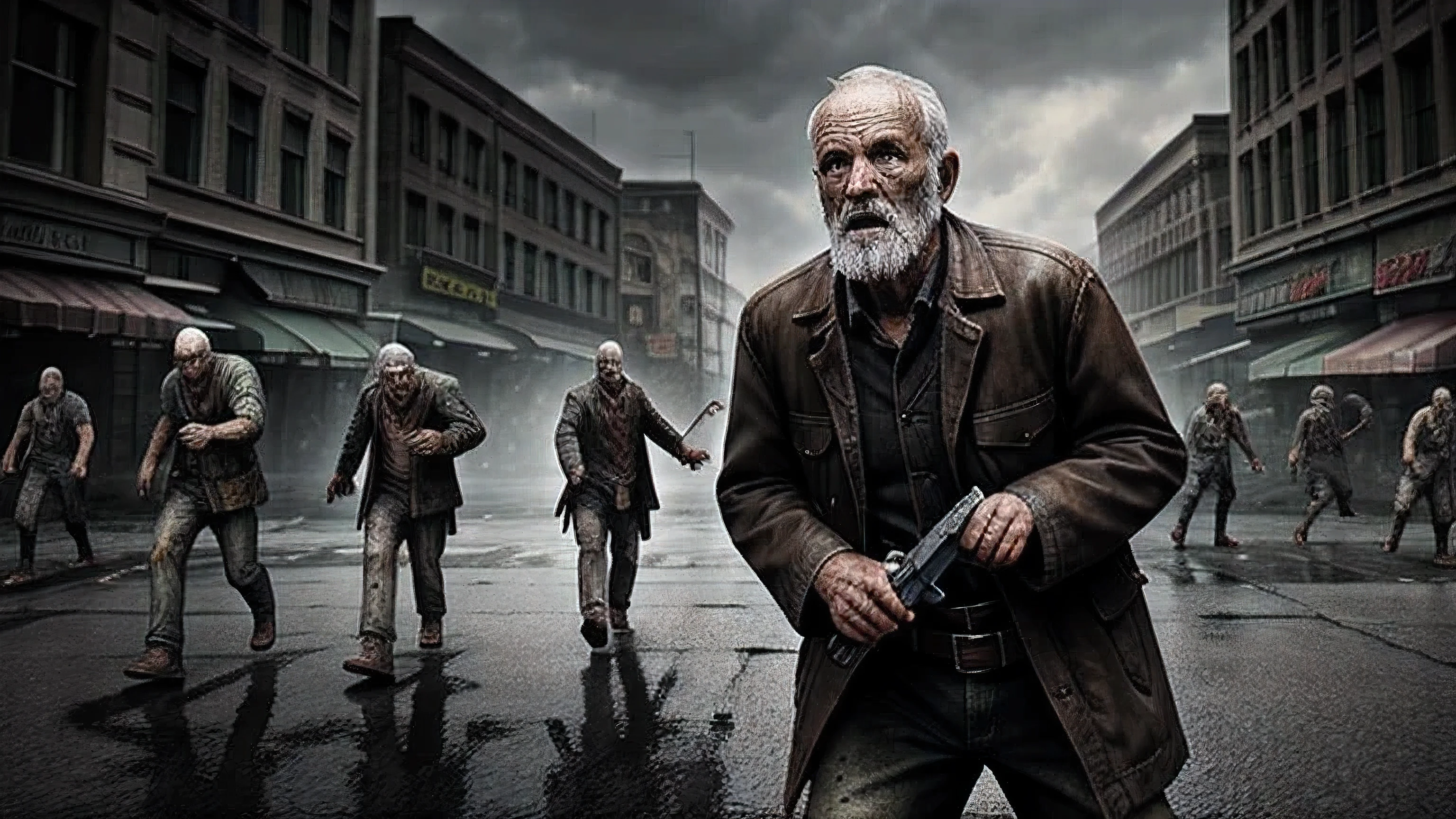 Old man fighting zombies