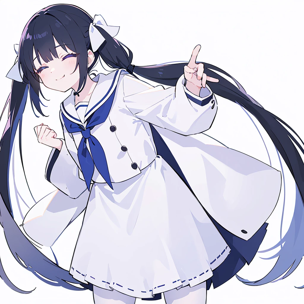highres,ultra detailed,1girl,ponto nei,black hair,hair ribbon,hair ribbon,blue hair,grey eyes,low twintails,hair ornament,skin fang,sailor collar,neckerchief,white pantyhose,blue shorts,purple jacket,white background,smile,closed eyes,bent over,