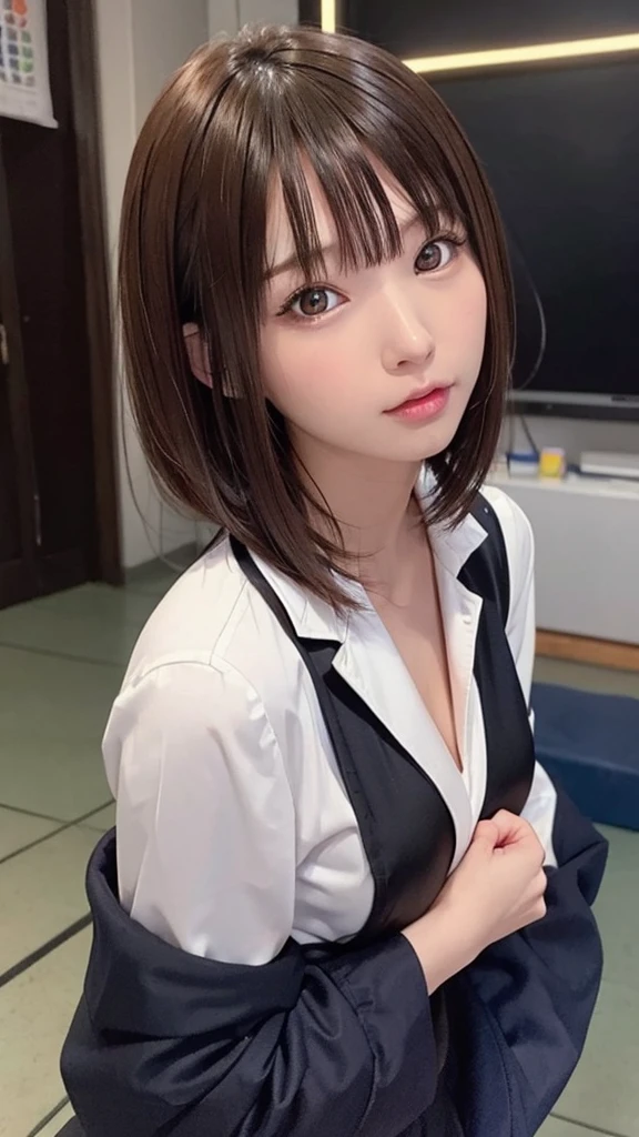Beautiful woman,View your viewers, , dark, Backstreets, Neon Signs, High Contrast, Low light, Vibrant, Very detailed, Brown Hair Color, Glowing Eyes、 With a face like an elementary school student、Slime-ified、Flat Body、accelerated background blur、Enako、Enako、Enako、School Background、Japanese 、uniform、blazer