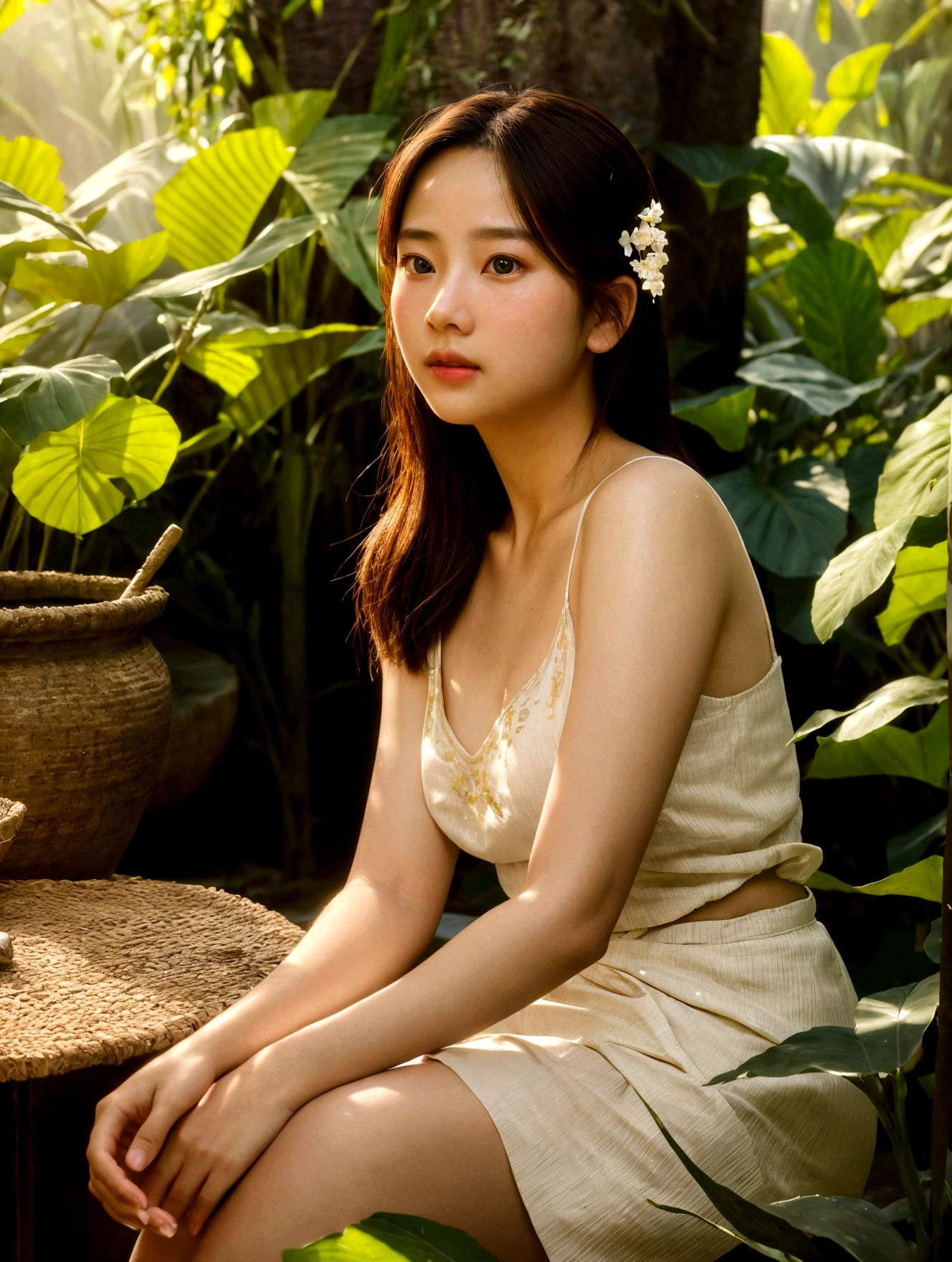 1girl, full body, cinematic lighting, beautiful detailed eyes, beautiful detailed lips, extremely detailed intricate face, delicate features, glowing skin, chiang mai background, serene expression, elegant pose, detailed flower garden, lush foliage, sunlight filtering through trees, warm color tones, photorealistic, (best quality,4k,8k,highres,masterpiece:1.2),ultra-detailed,(realistic,photorealistic,photo-realistic:1.37),vibrant colors,soft focus,dramatic lighting