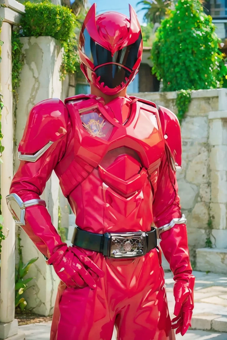 (masterpiece, best quality:1.2), Red Kingohger, Red,Kingohger, red power ranger suit, masked, 1boy, solo