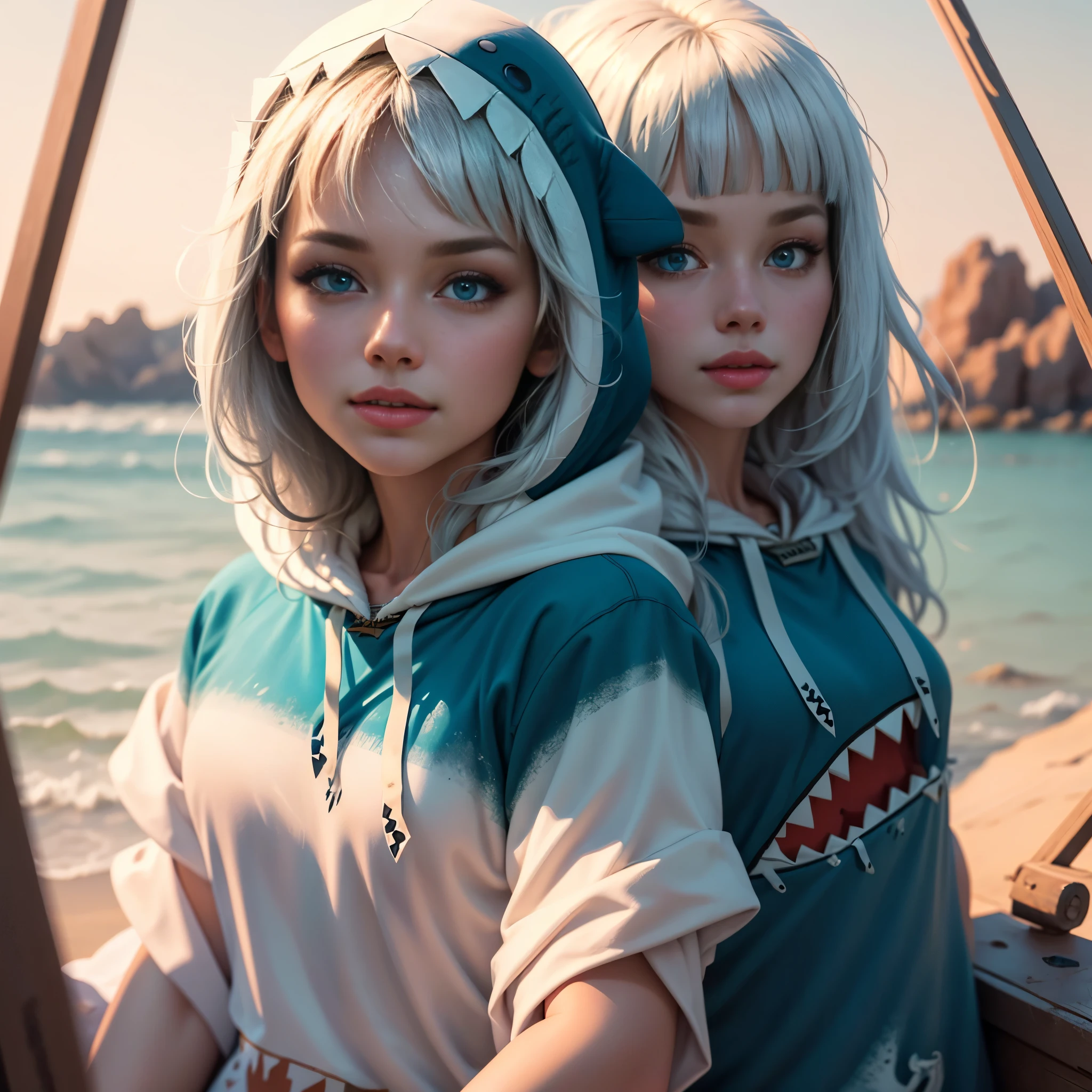 (gawr gura, blue hoodie, shark hood)、Beautiful girl、smile、Highly detailed face and eyes、Very fine body、Long, flowing white hair、Coastline of the setting sun、Shallow depth of field、Cinematic lighting、Soft pastel colors、Photorealistic、8K、Highest quality、masterpiece、Full body portrait、Surreal、dramatic、elegant、Calm