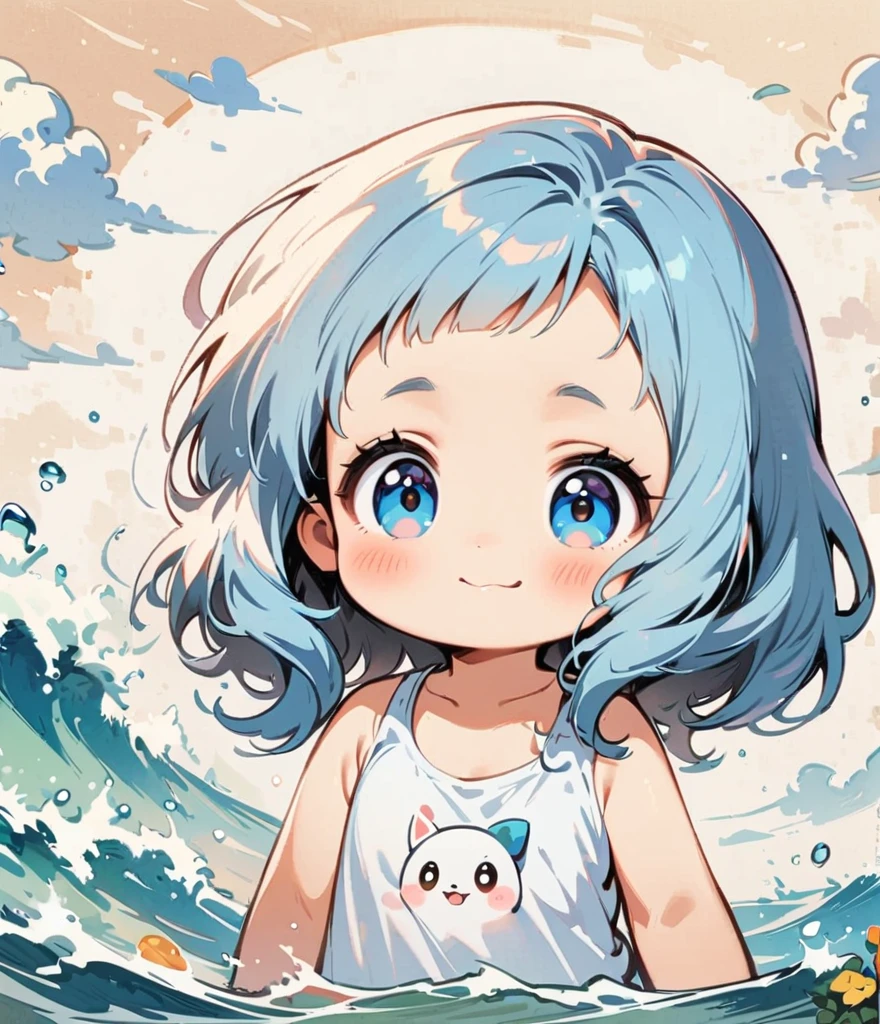 Spray water with a water gun、Gardenia flowers、large white flowers、Cartoon style character design,1 Girl, alone,Big eyes,Cute expression,Tank top、interesting,interesting,Clean Lines